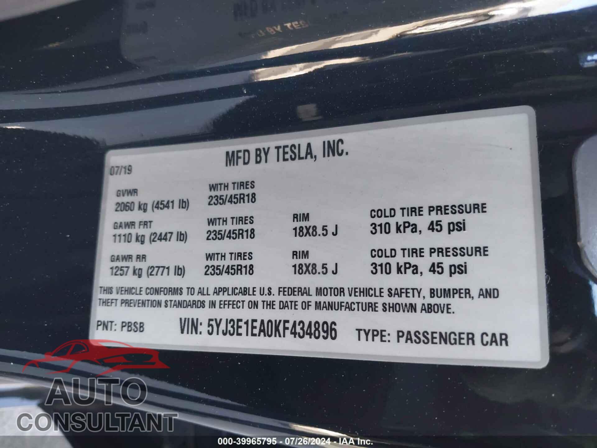 TESLA MODEL 3 2019 - 5YJ3E1EA0KF434896