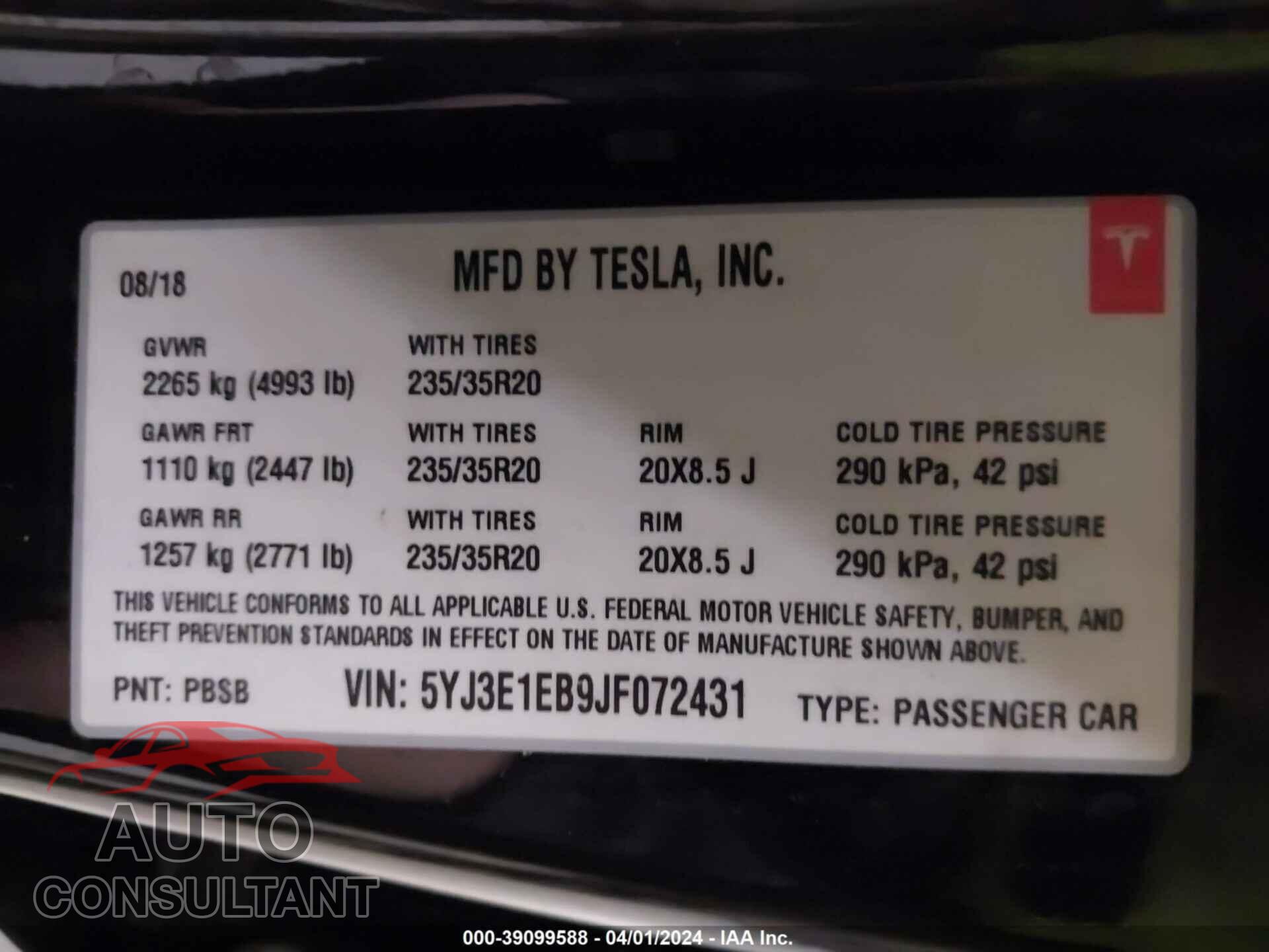 TESLA MODEL 3 2018 - 5YJ3E1EB9JF072431
