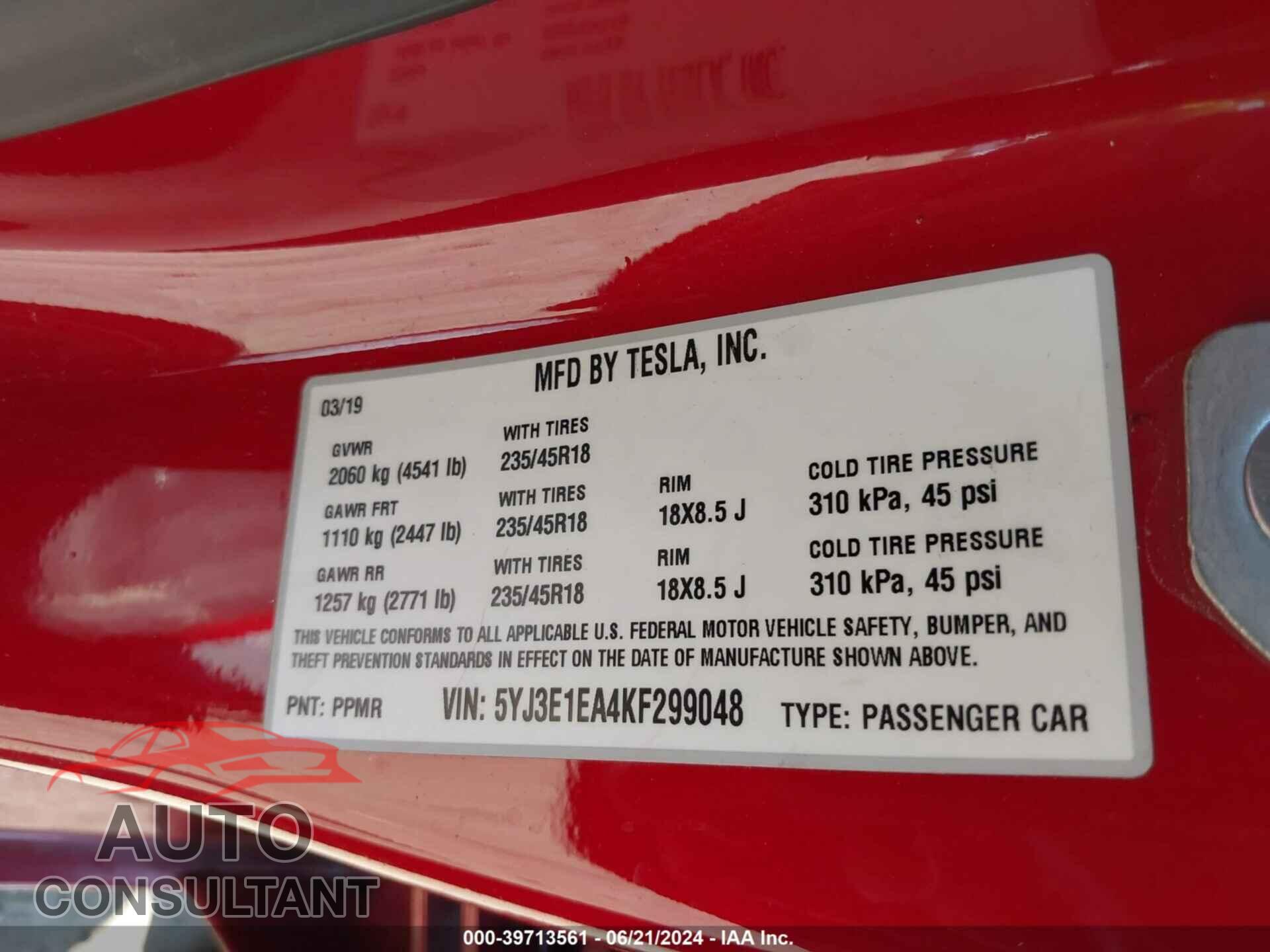 TESLA MODEL 3 2019 - 5YJ3E1EA4KF299048