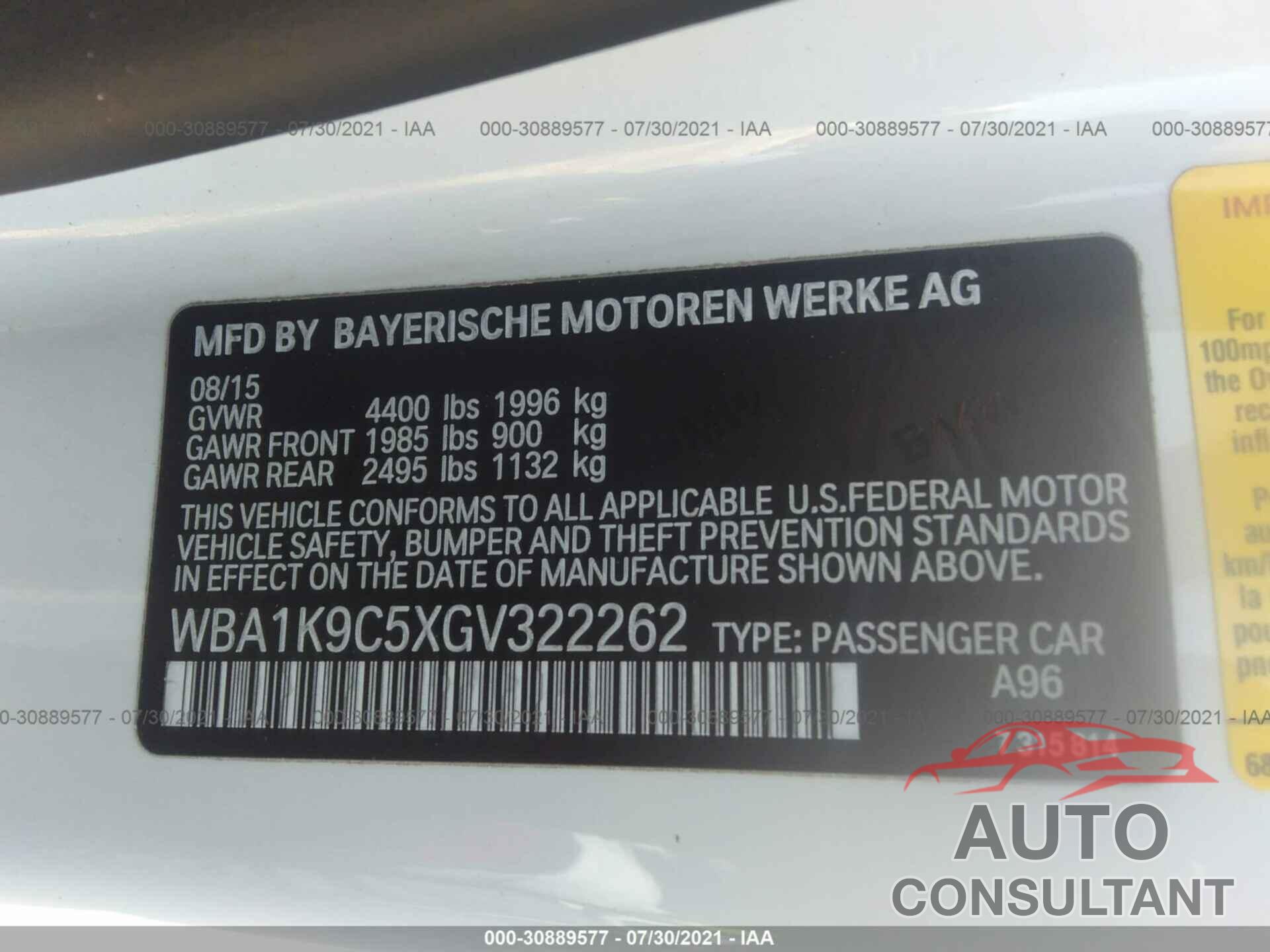 BMW 2 SERIES 2016 - WBA1K9C5XGV322262