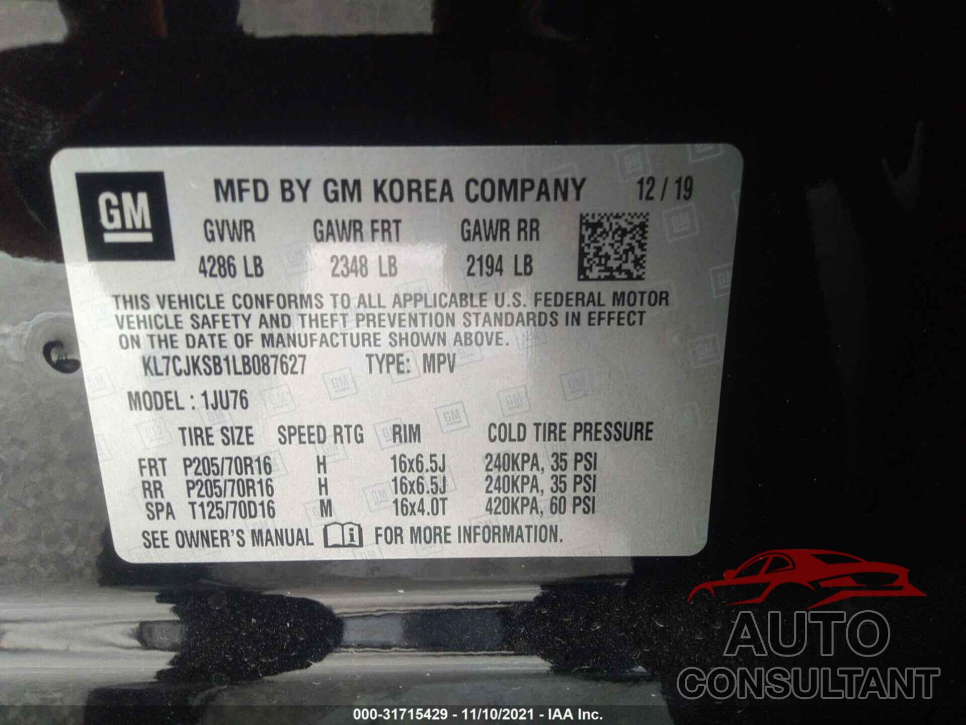 CHEVROLET TRAX 2020 - KL7CJKSB1LB087627