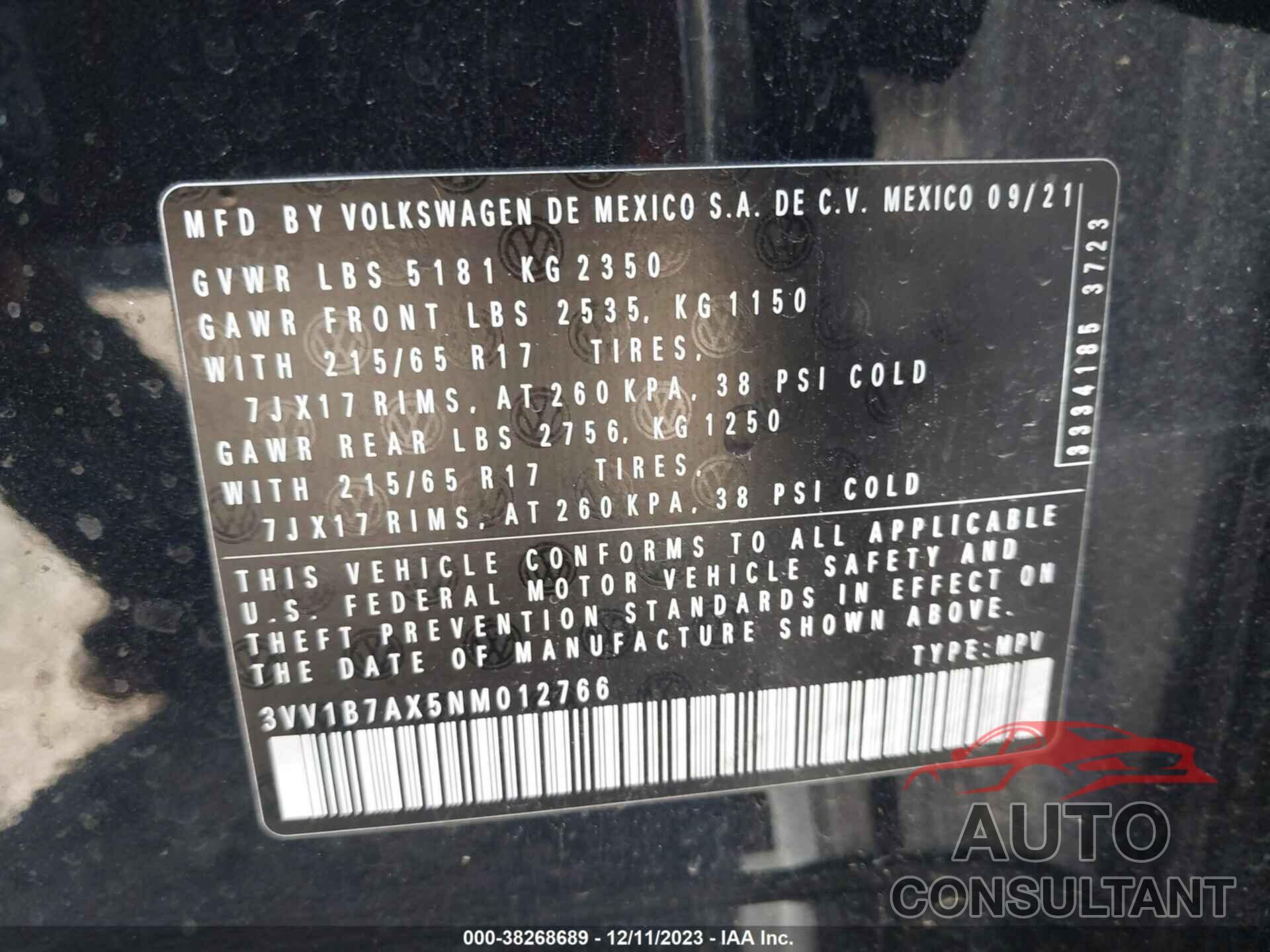 VOLKSWAGEN TIGUAN 2022 - 3VV1B7AX5NM012766