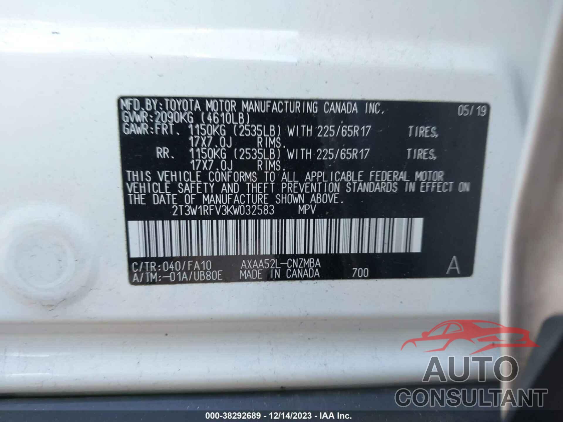 TOYOTA RAV4 2019 - 2T3W1RFV3KW032583