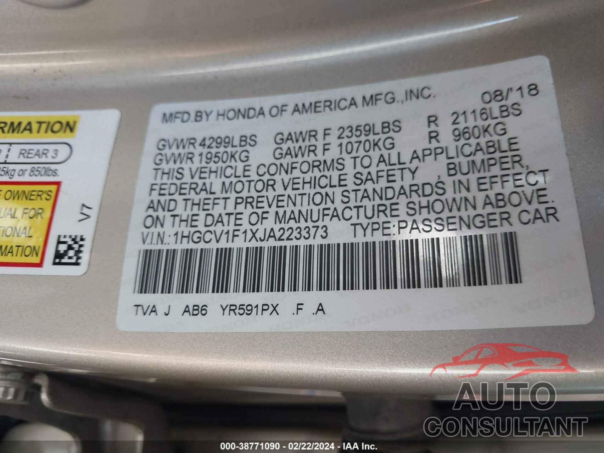 HONDA ACCORD 2018 - 1HGCV1F1XJA223373