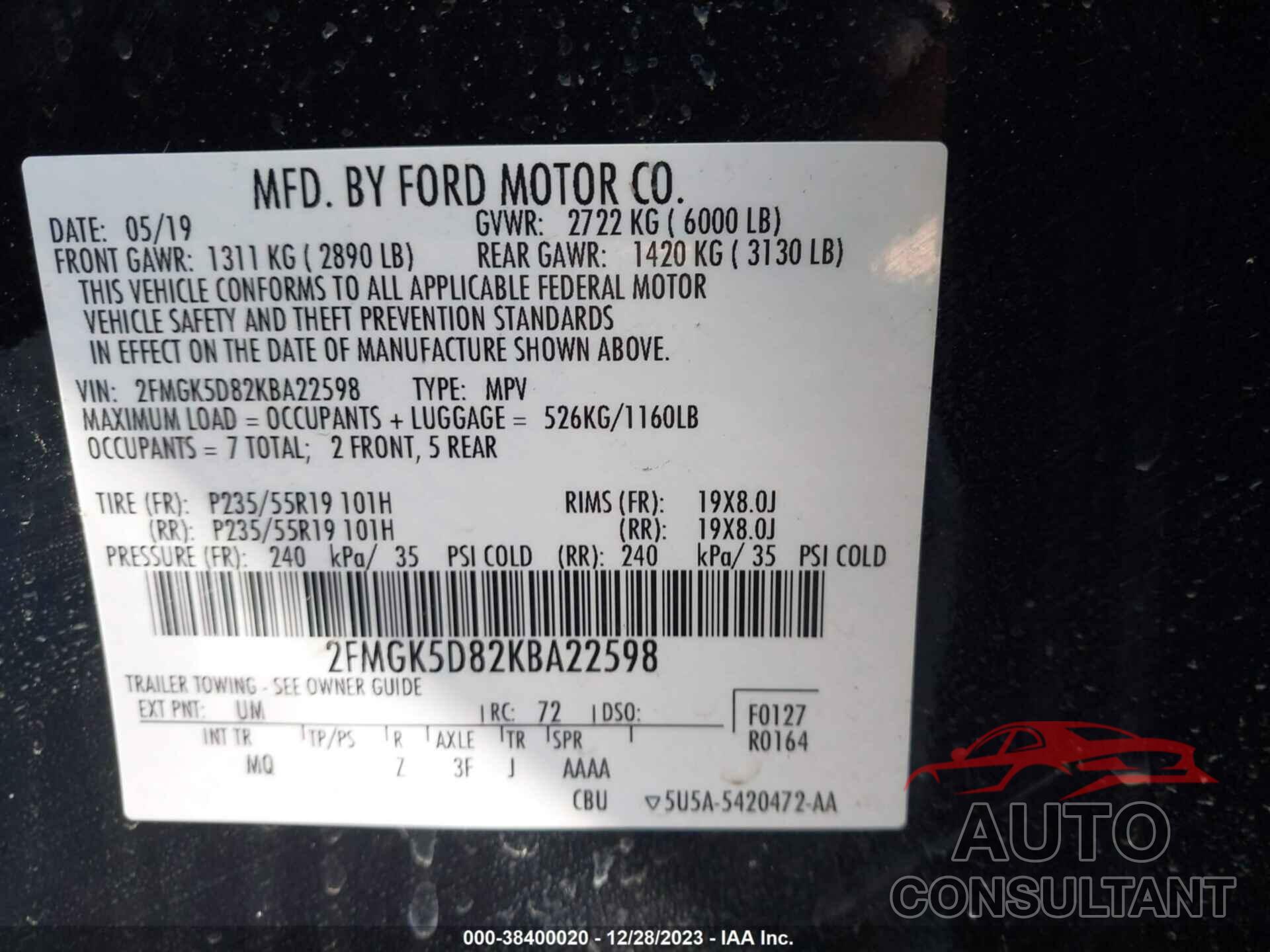 FORD FLEX 2019 - 2FMGK5D82KBA22598