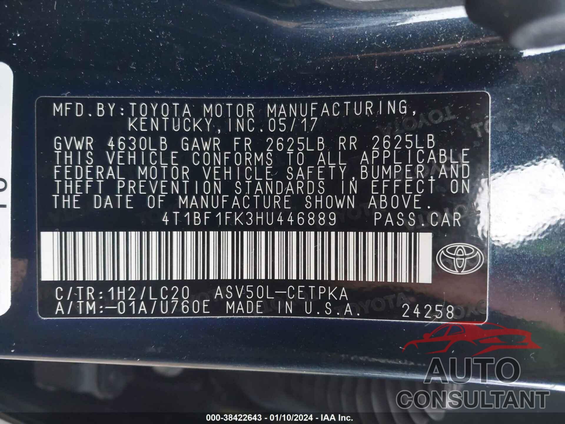 TOYOTA CAMRY 2017 - 4T1BF1FK3HU446889