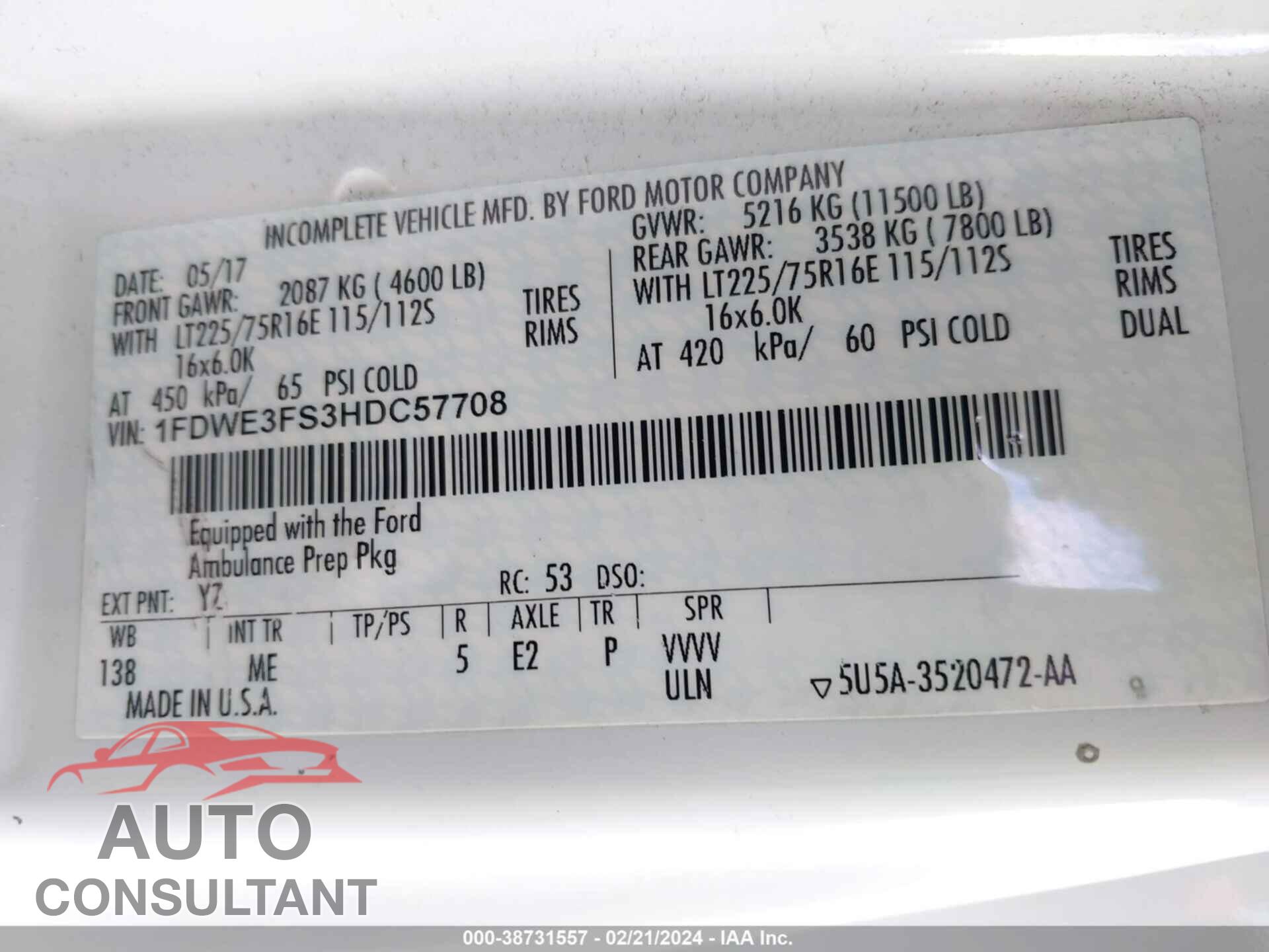 FORD E-350 CUTAWAY 2017 - 1FDWE3FS3HDC57708