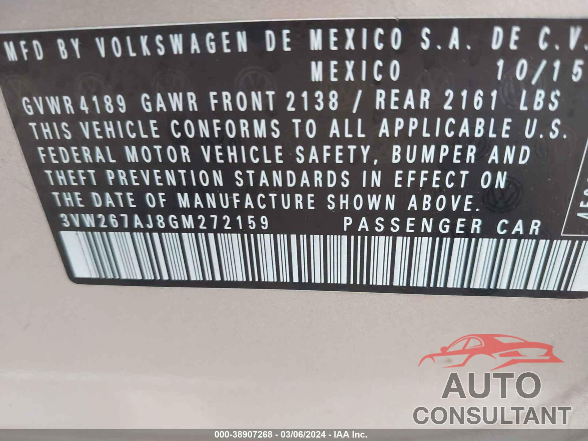 VOLKSWAGEN JETTA SEDAN 2016 - 3VW267AJ8GM272159