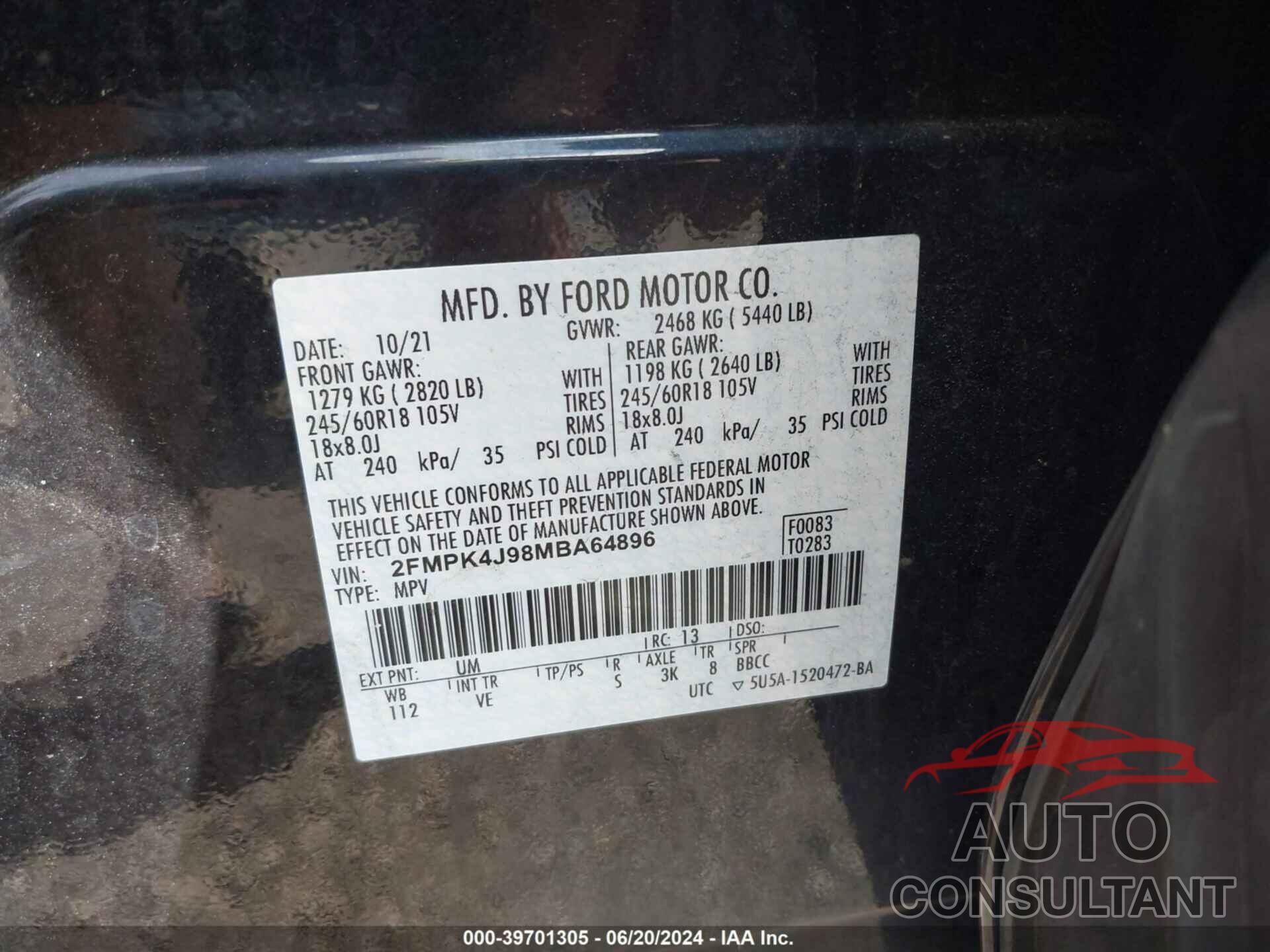 FORD EDGE 2021 - 2FMPK4J98MBA64896