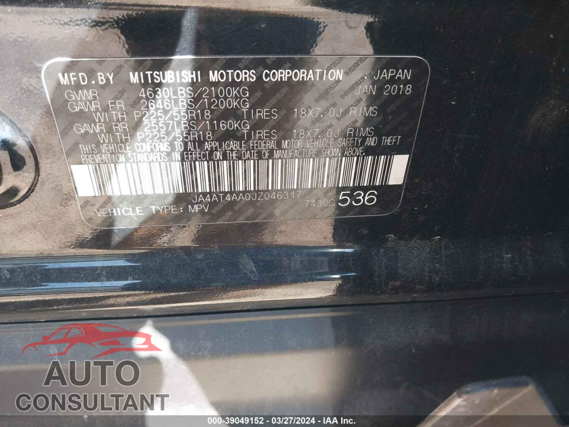 MITSUBISHI ECLIPSE CROSS 2018 - JA4AT4AA0JZ046347