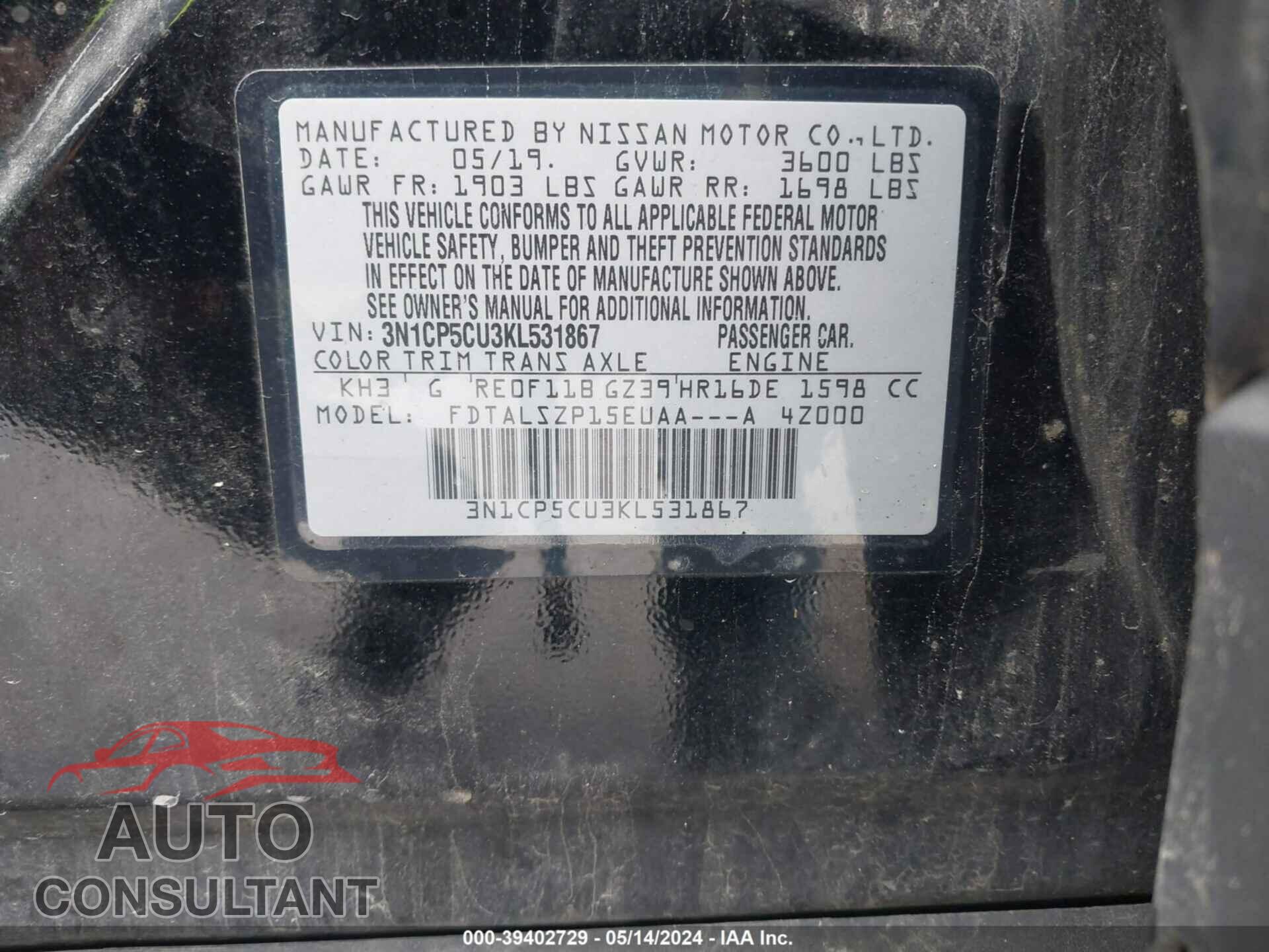 NISSAN KICKS 2019 - 3N1CP5CU3KL531867