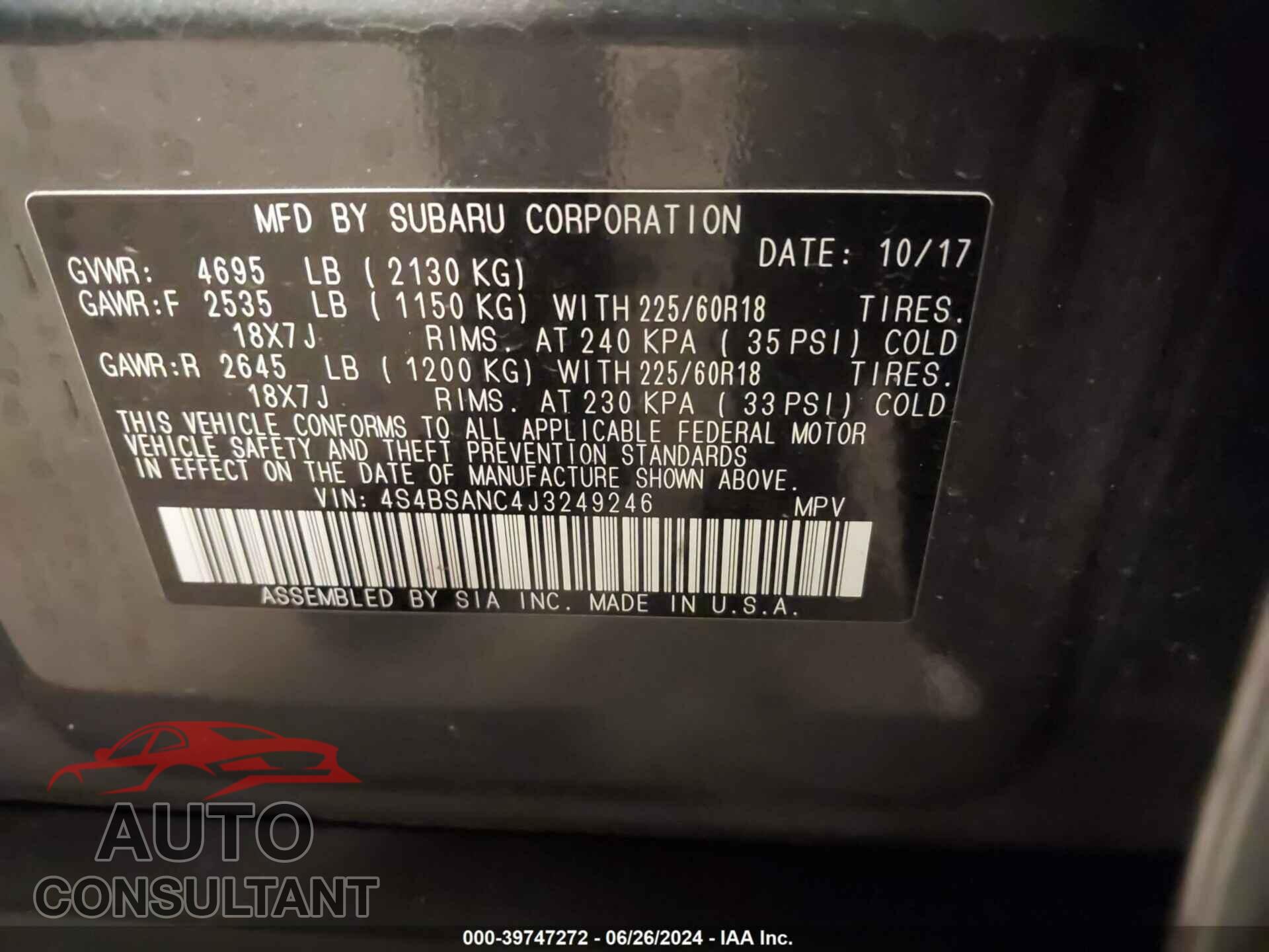 SUBARU OUTBACK 2018 - 4S4BSANC4J3249246