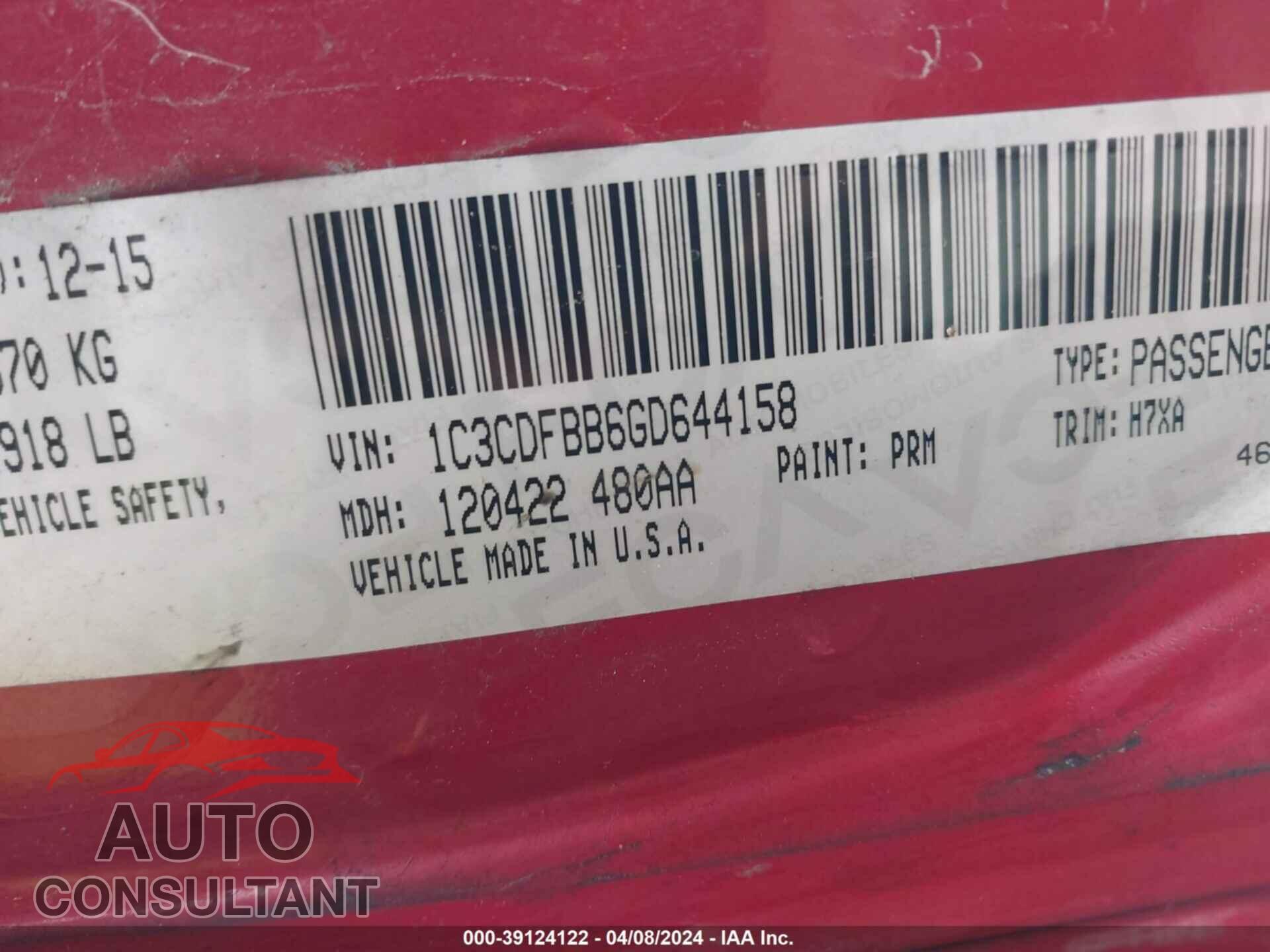 DODGE DART 2016 - 1C3CDFBB6GD644158