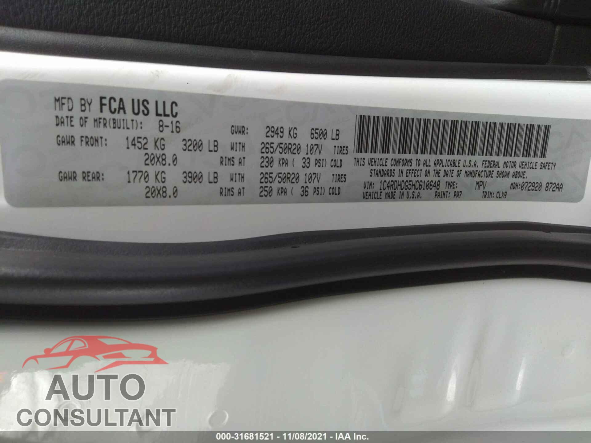 DODGE DURANGO 2017 - 1C4RDHDG5HC610648