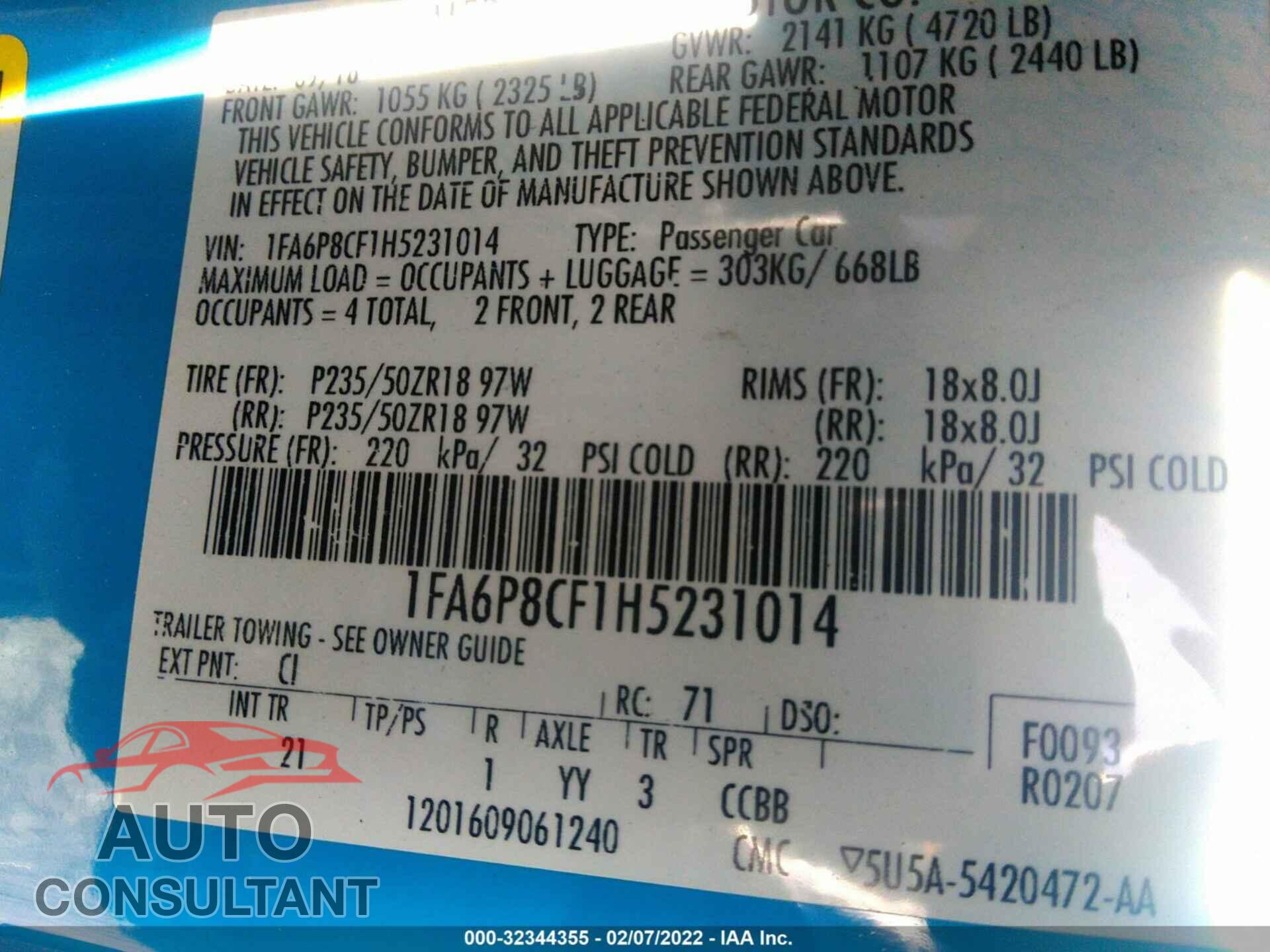 FORD MUSTANG 2017 - 1FA6P8CF1H5231014