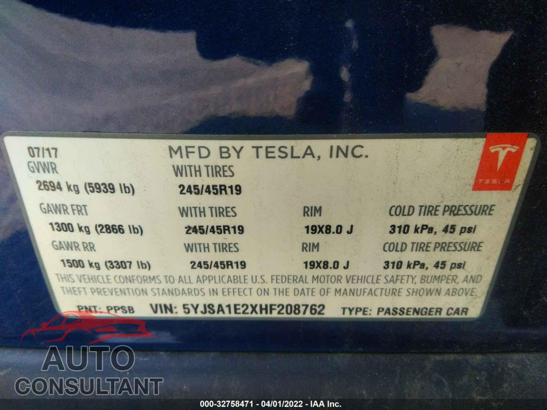 TESLA MODEL S 2017 - 5YJSA1E2XHF208762