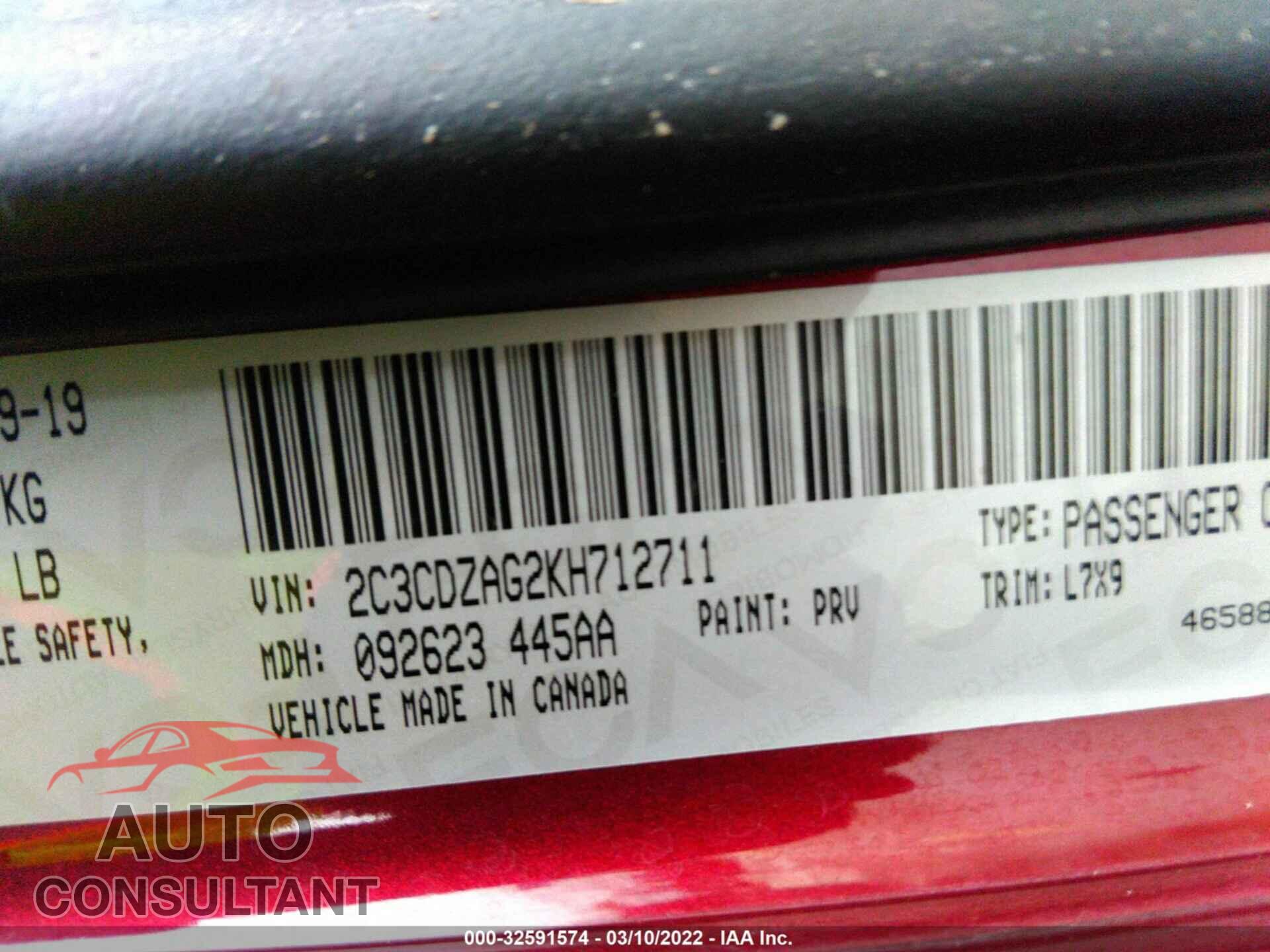 DODGE CHALLENGER 2019 - 2C3CDZAG2KH712711