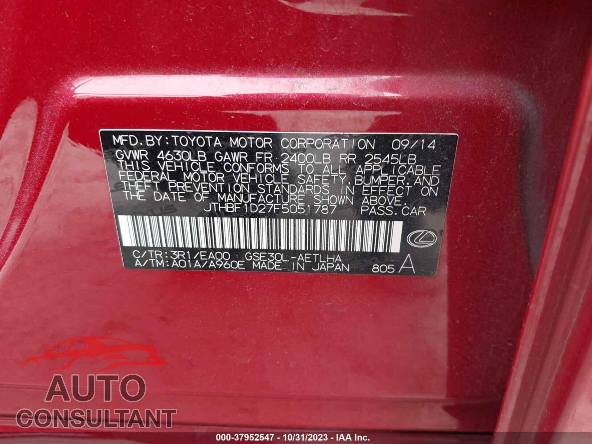 LEXUS IS 250 2015 - JTHBF1D27F5051787