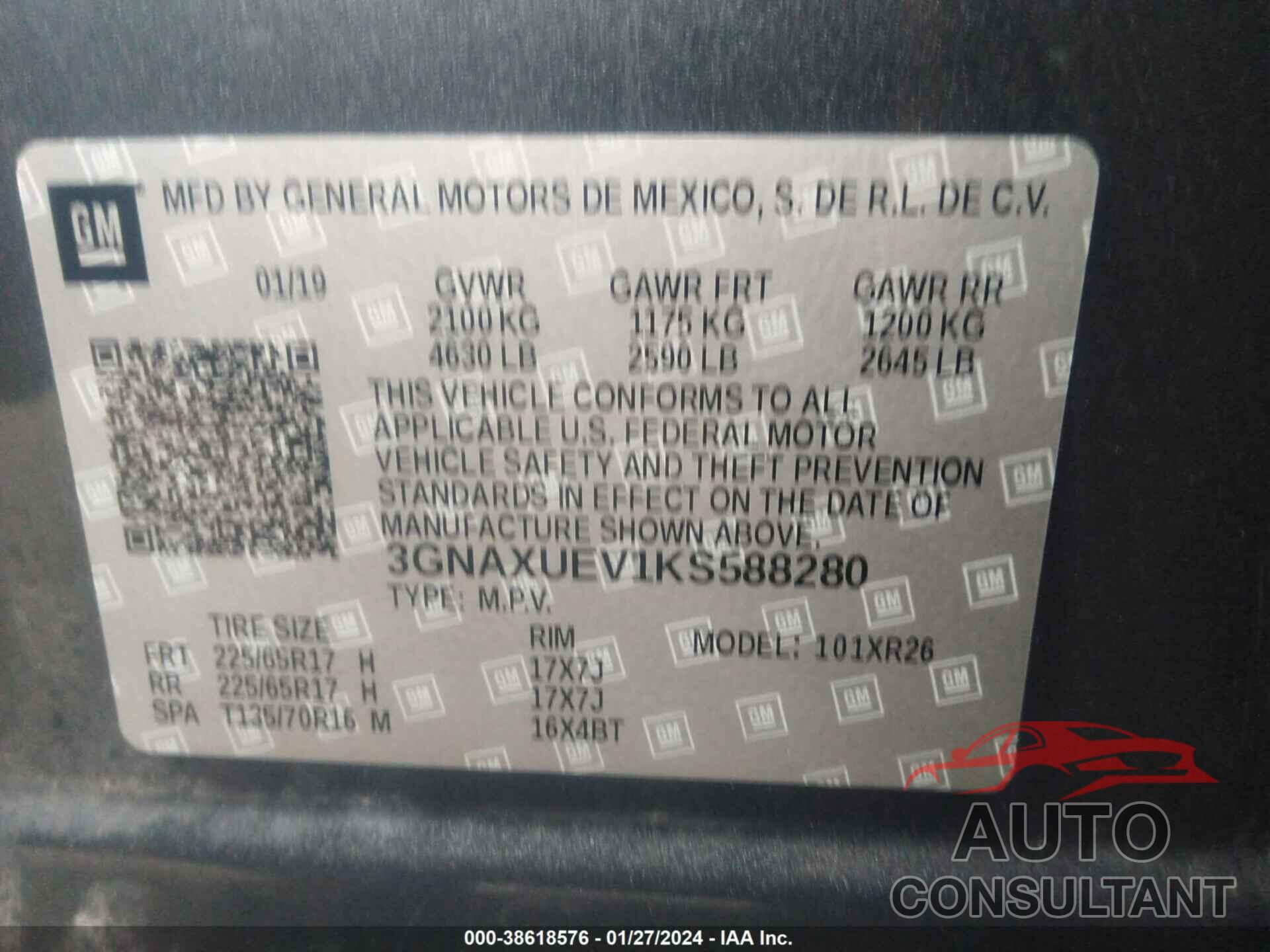 CHEVROLET EQUINOX 2019 - 3GNAXUEV1KS588280