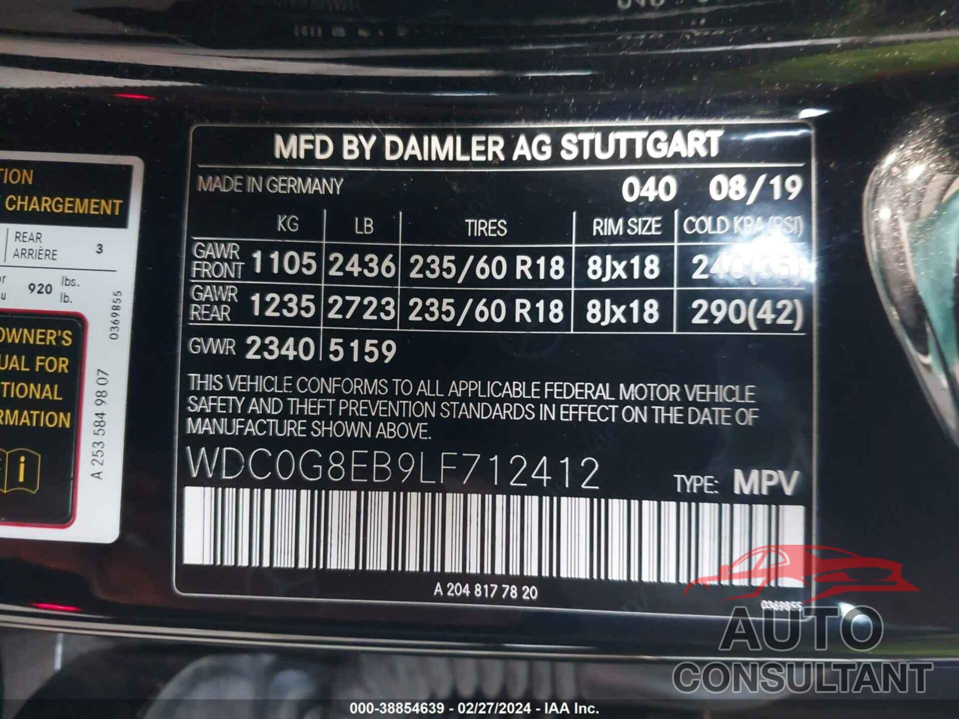 MERCEDES-BENZ GLC 2020 - WDC0G8EB9LF712412