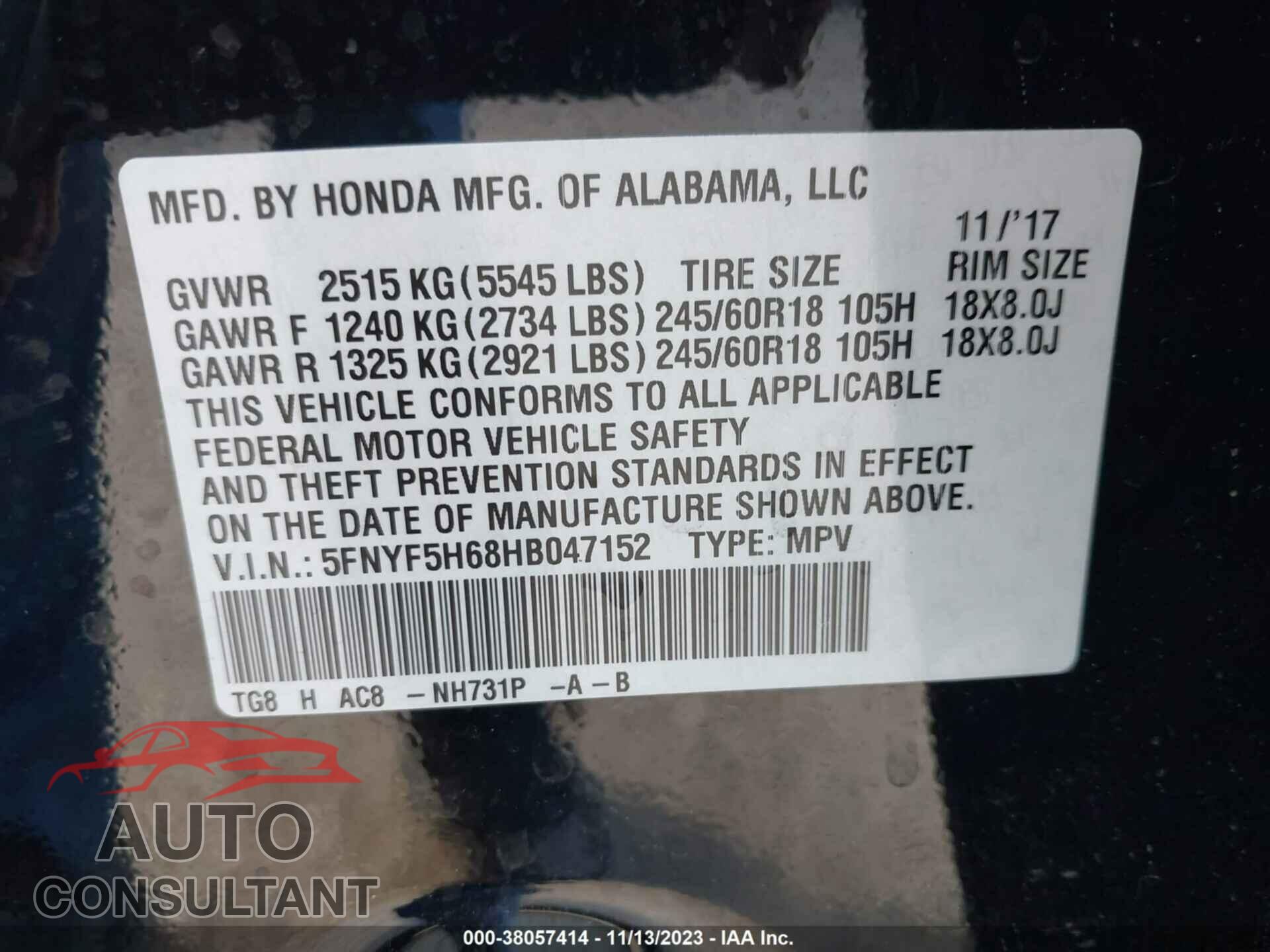 HONDA PILOT 2017 - 5FNYF5H68HB047152