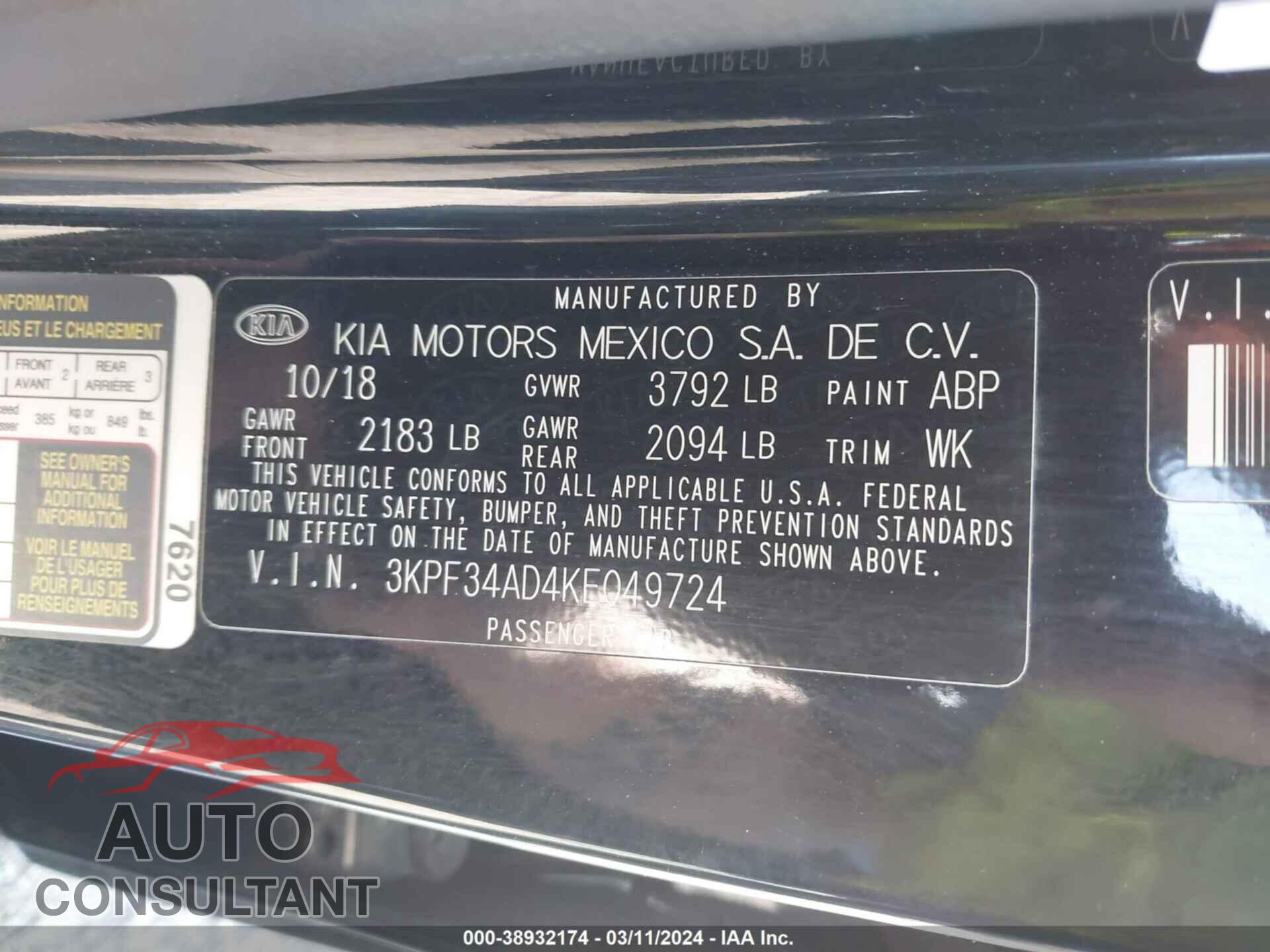 KIA FORTE 2019 - 3KPF34AD4KE049724