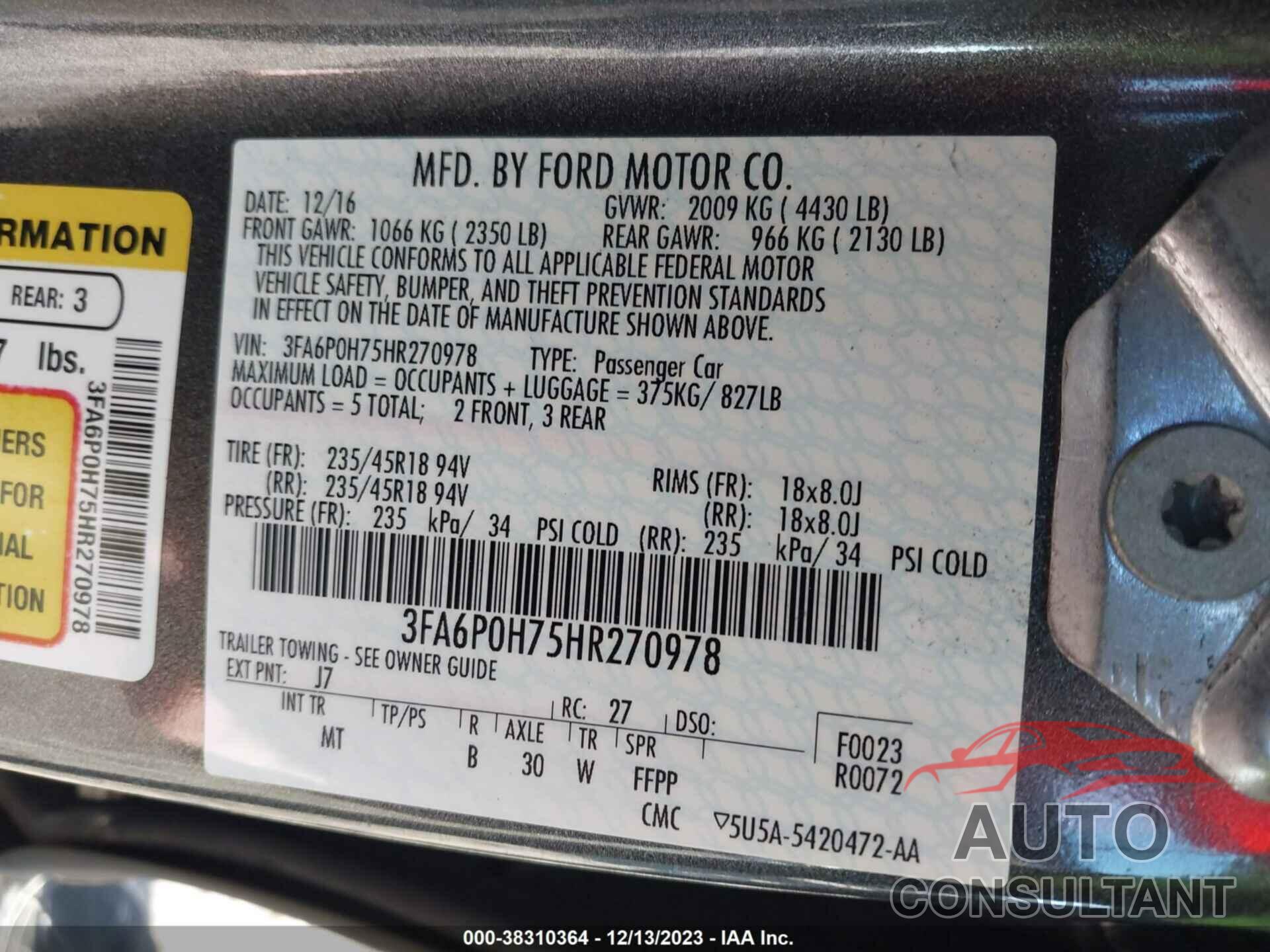 FORD FUSION 2017 - 3FA6P0H75HR270978