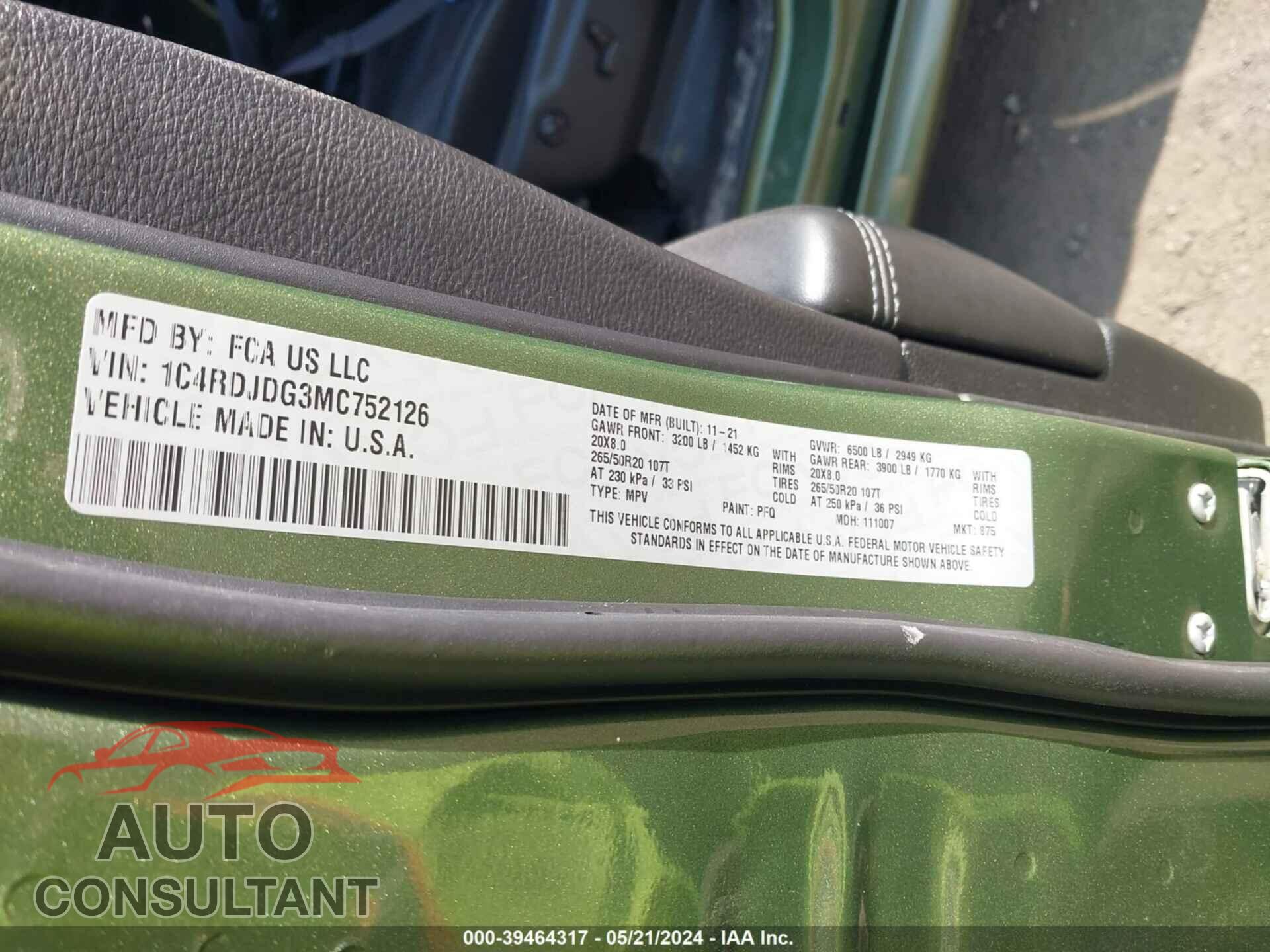 DODGE DURANGO 2021 - 1C4RDJDG3MC752126