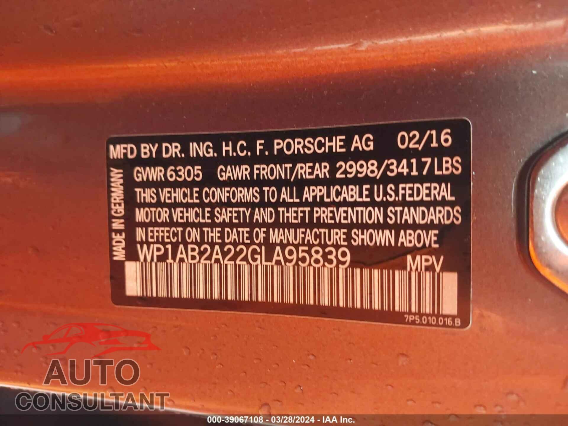 PORSCHE CAYENNE 2016 - WP1AB2A22GLA95839