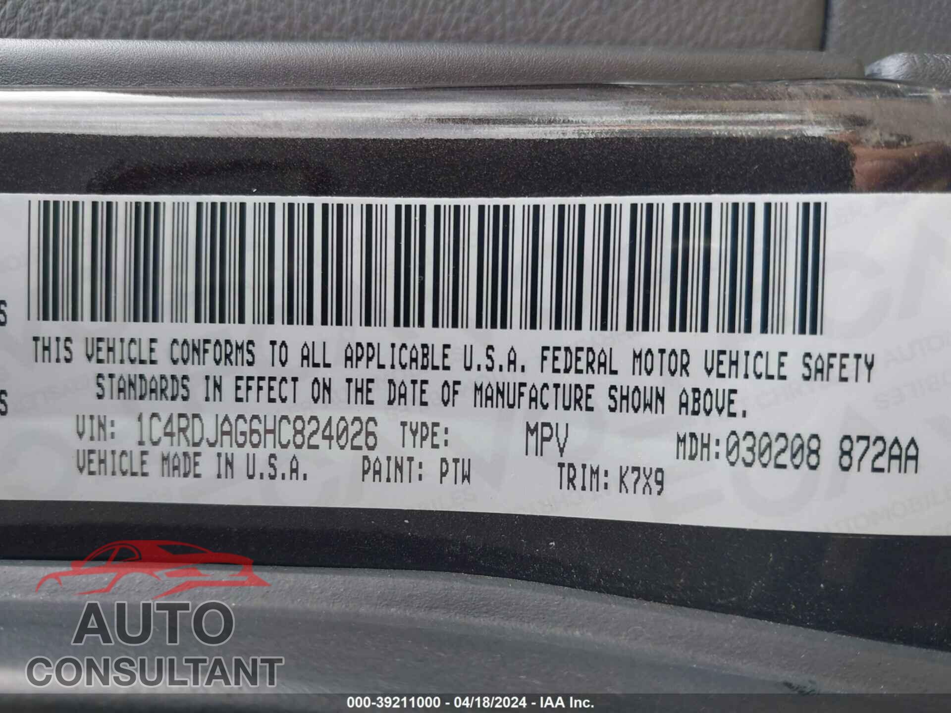 DODGE DURANGO 2017 - 1C4RDJAG6HC824026
