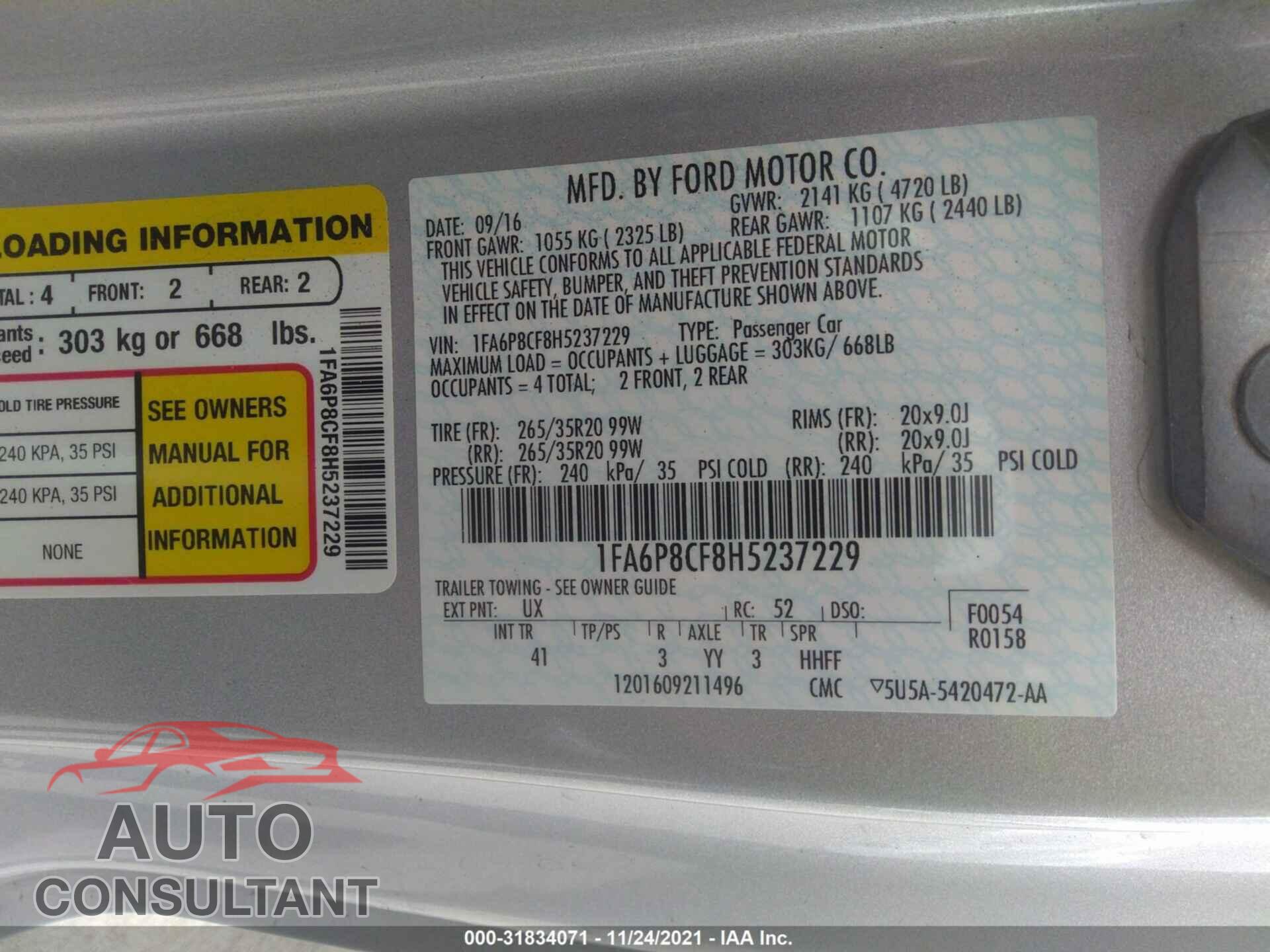 FORD MUSTANG 2017 - 1FA6P8CF8H5237229