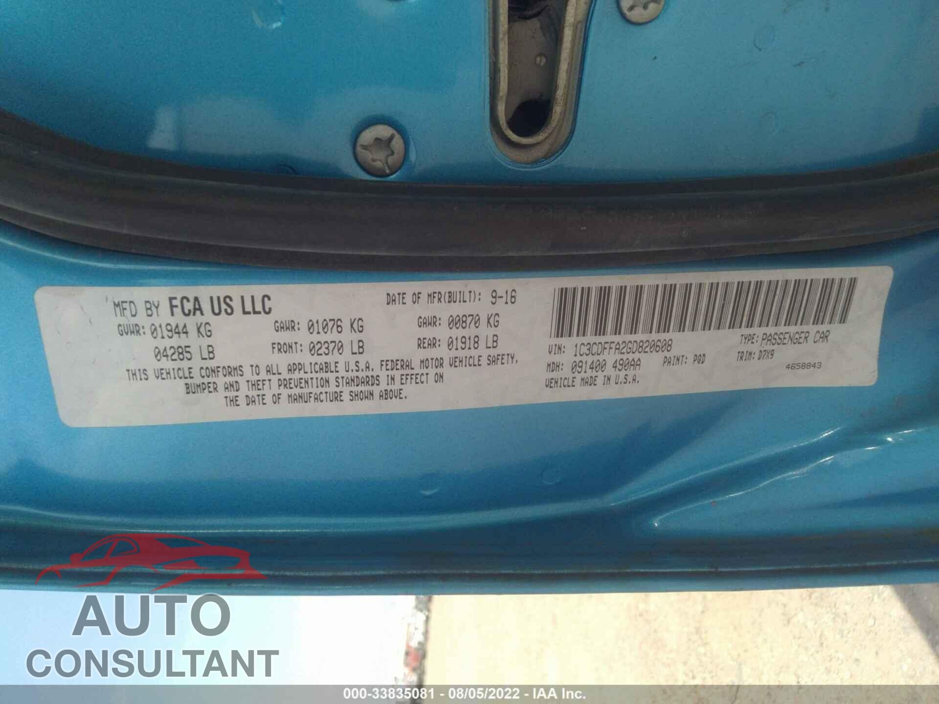 DODGE DART 2016 - 1C3CDFFA2GD820608