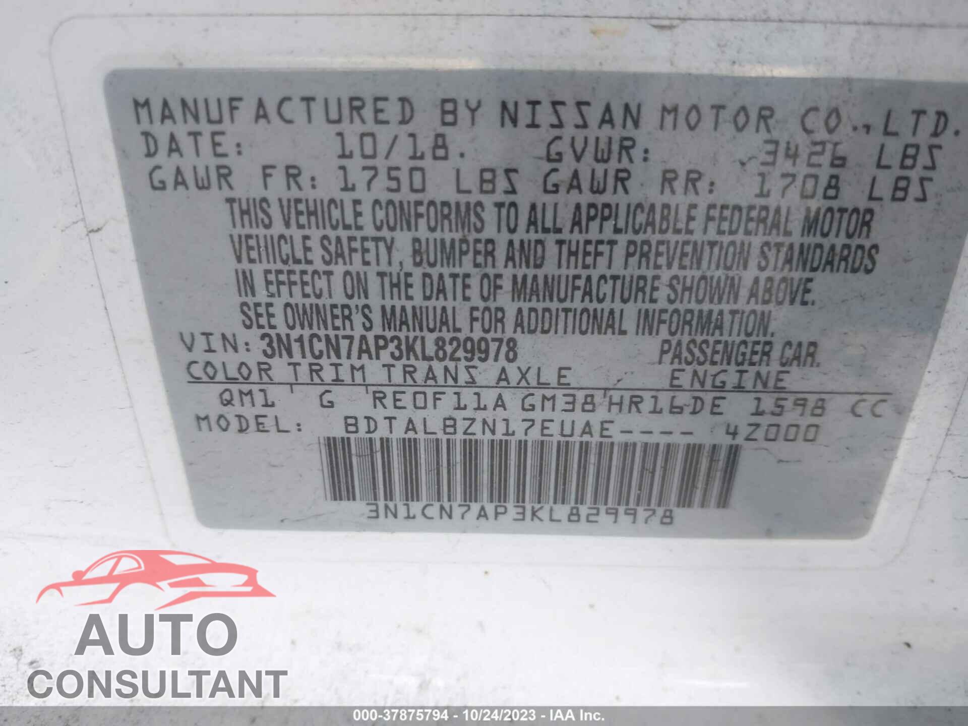 NISSAN VERSA 2019 - 3N1CN7AP3KL829978