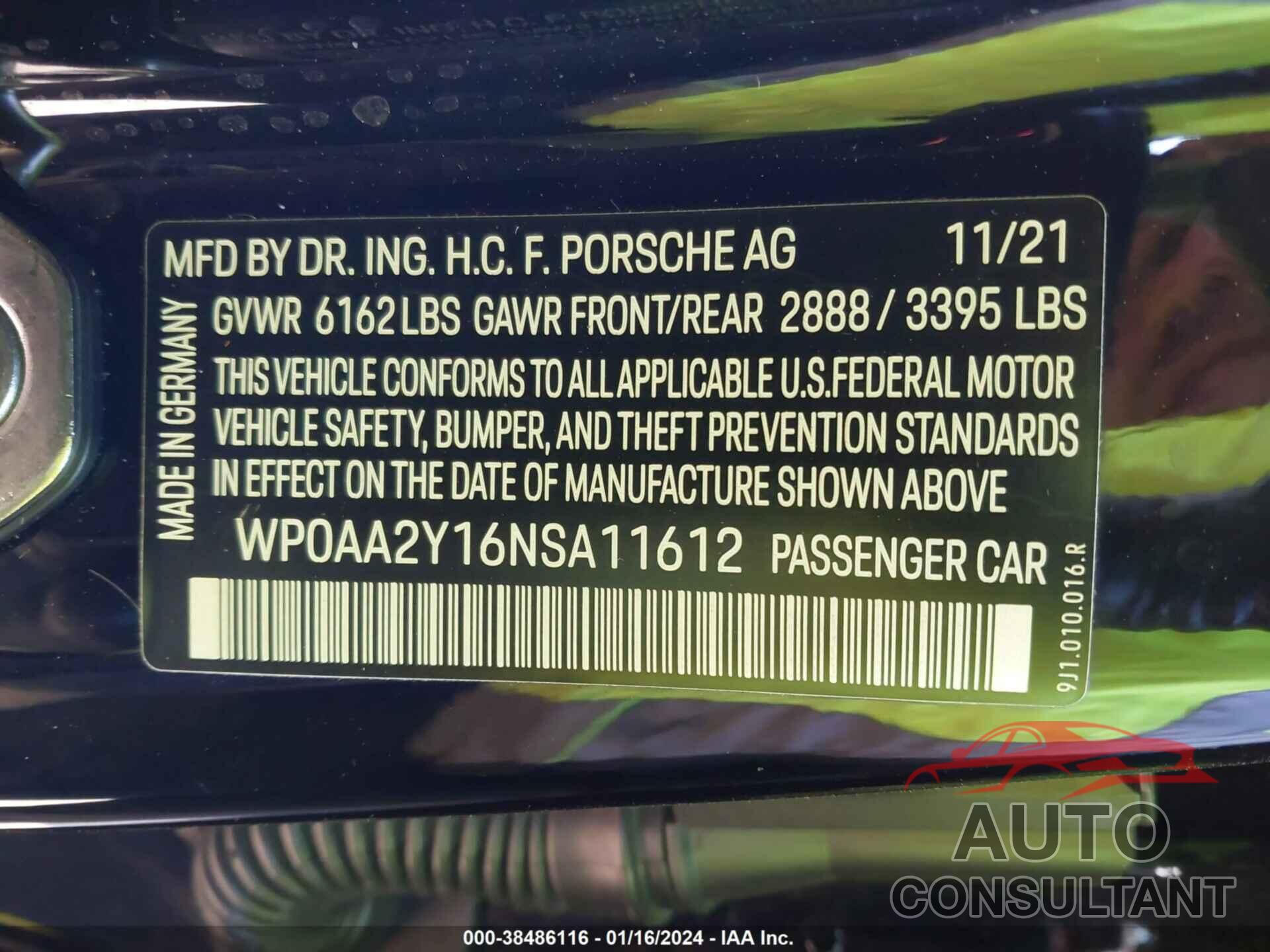 PORSCHE TAYCAN 2022 - WP0AA2Y16NSA11612