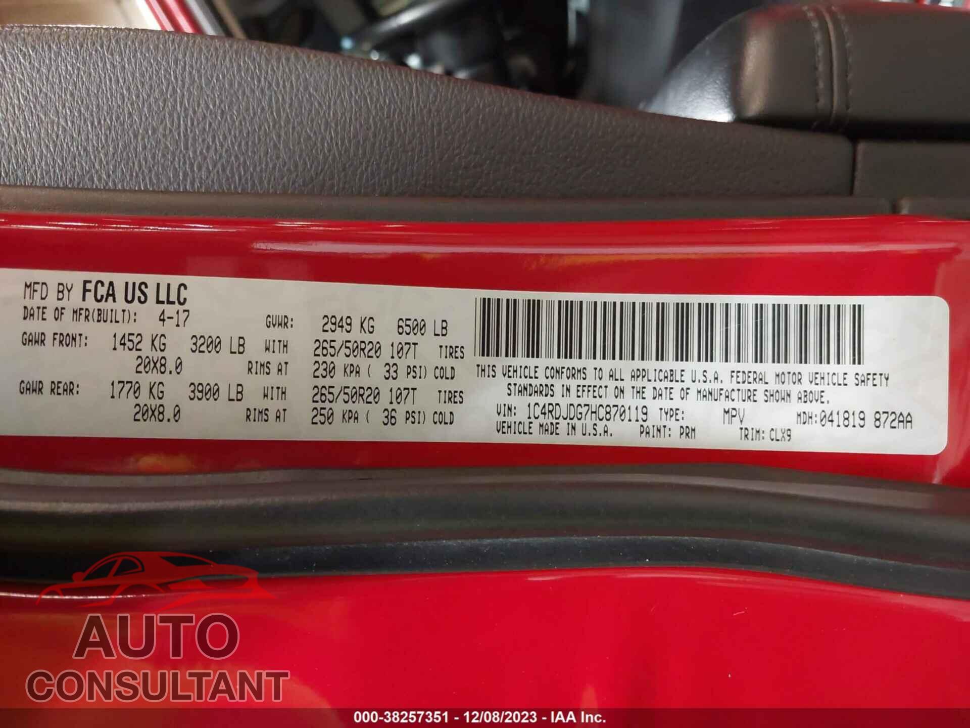 DODGE DURANGO 2017 - 1C4RDJDG7HC870119