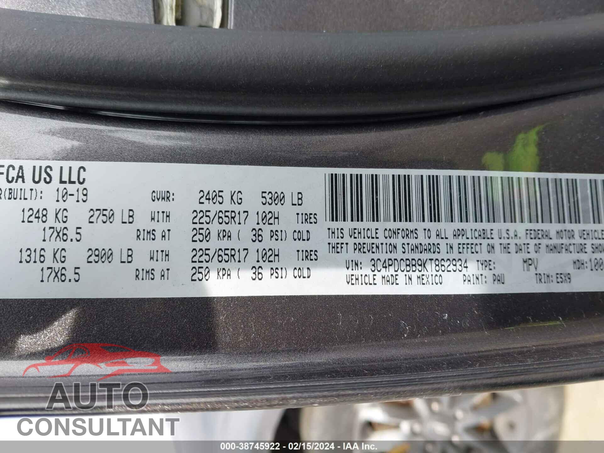 DODGE JOURNEY 2019 - 3C4PDCBB9KT862934