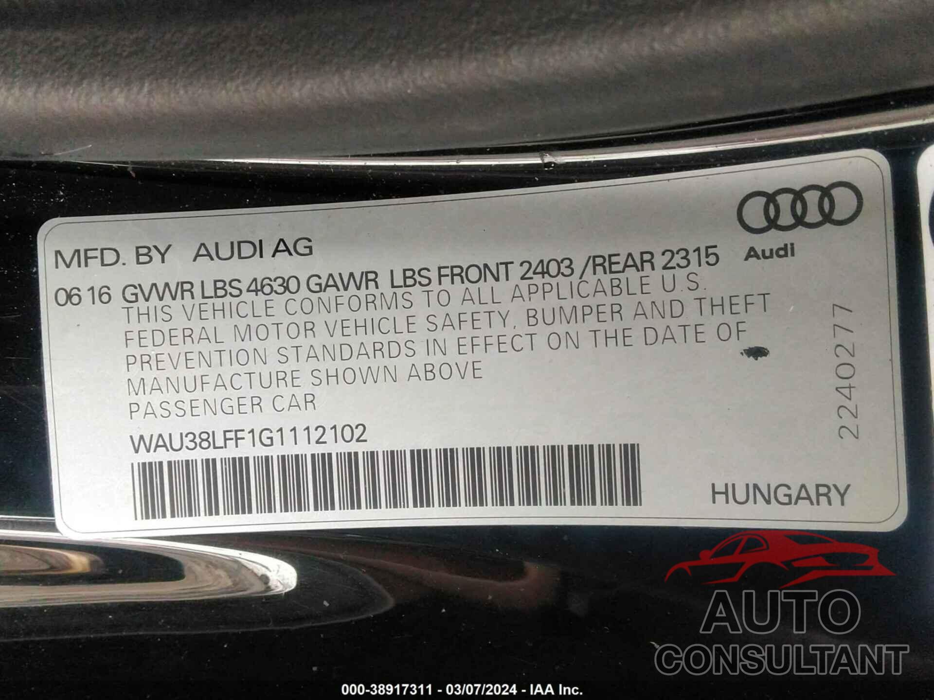 AUDI A3 2016 - WAU38LFF1G1112102