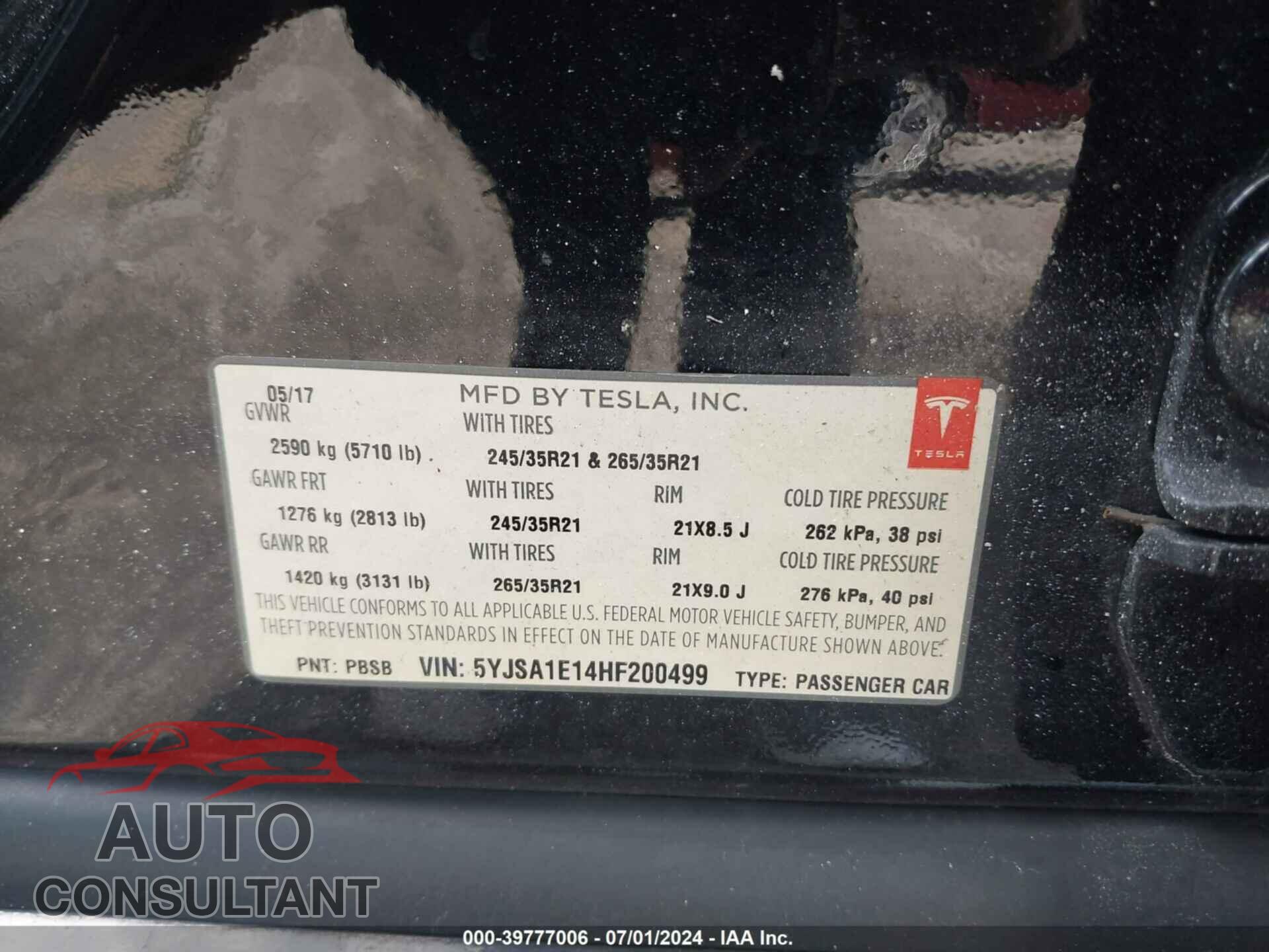 TESLA MODEL S 2017 - 5YJSA1E14HF200499