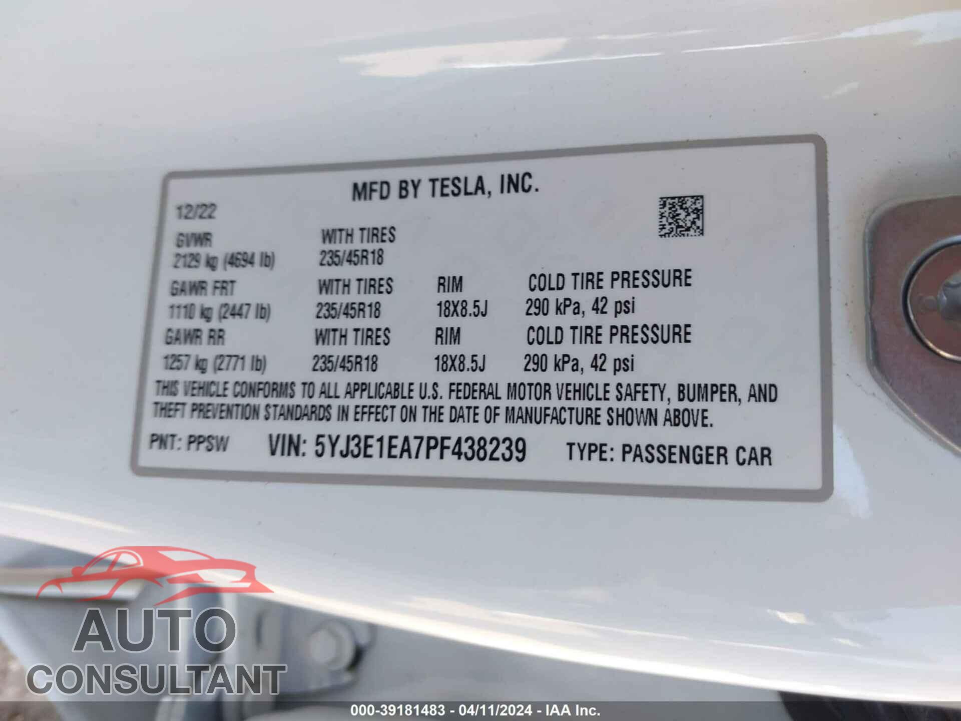 TESLA MODEL 3 2023 - 5YJ3E1EA7PF438239
