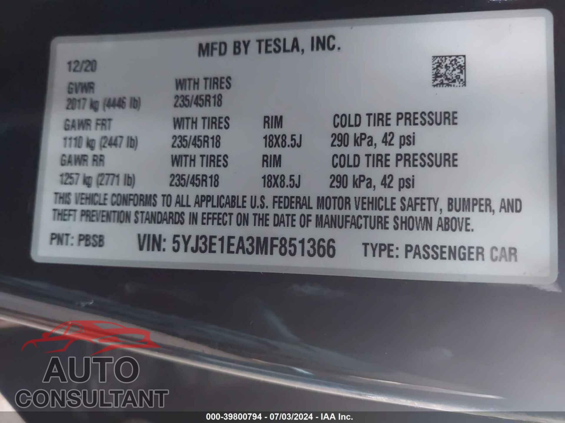 TESLA MODEL 3 2021 - 5YJ3E1EA3MF851366