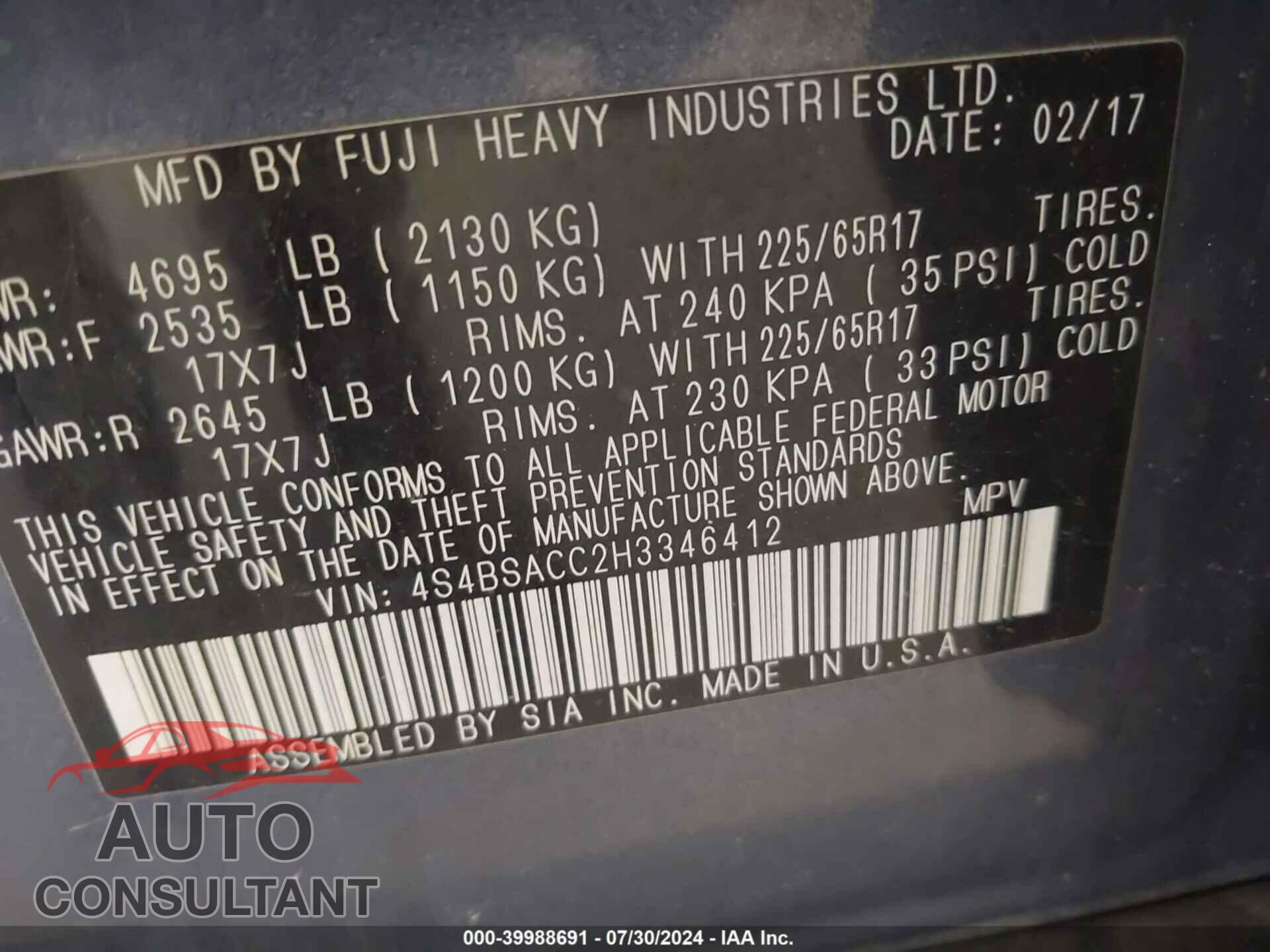 SUBARU OUTBACK 2017 - 4S4BSACC2H3346412