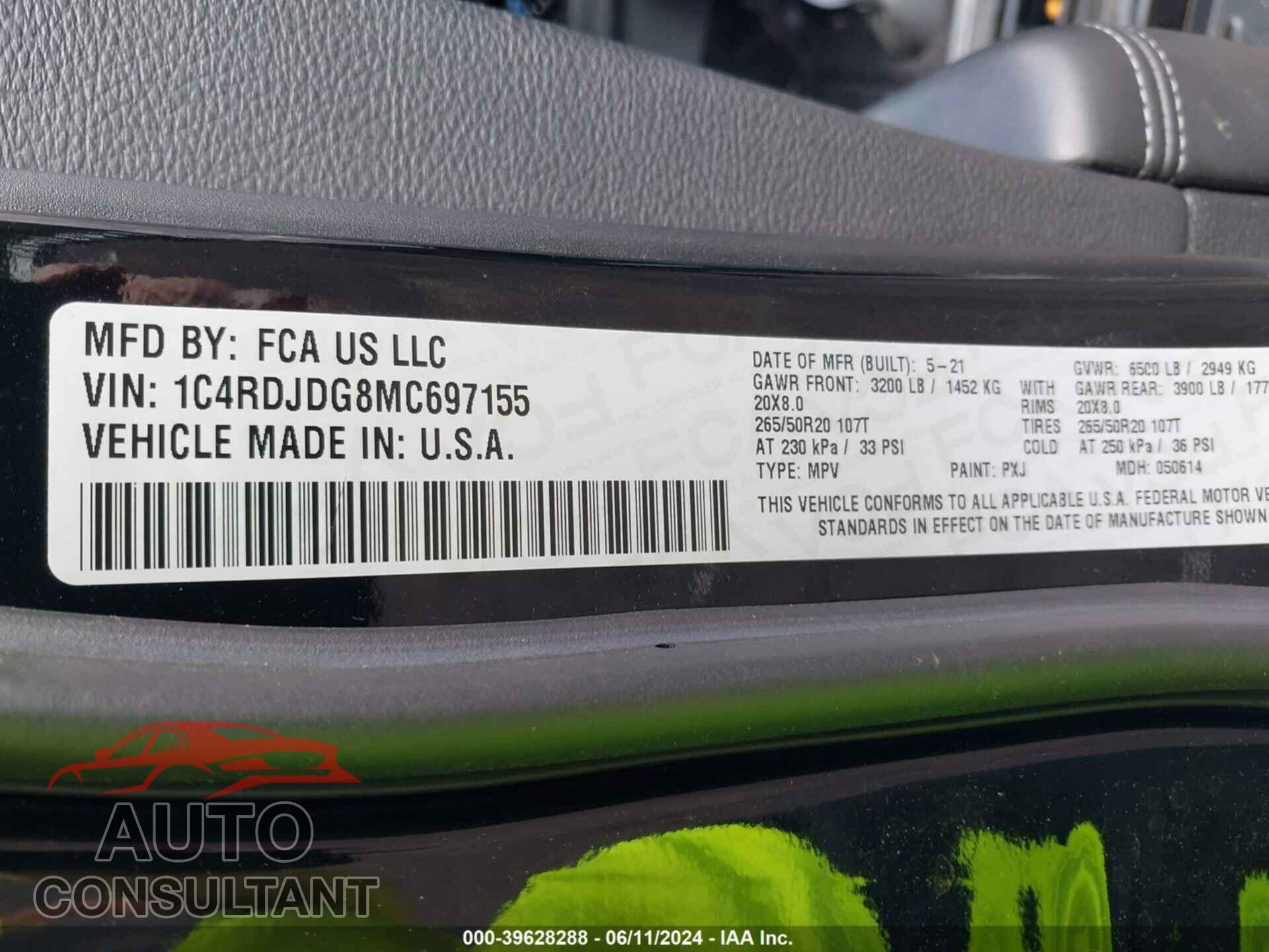 DODGE DURANGO 2021 - 1C4RDJDG8MC697155