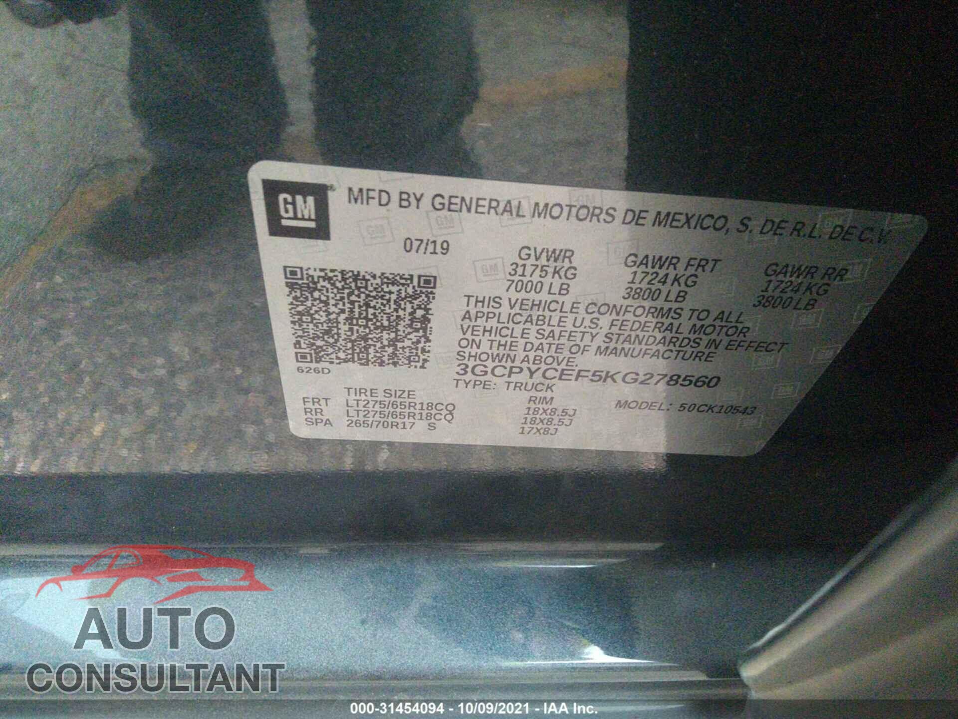 CHEVROLET SILVERADO 1500 2019 - 3GCPYCEF5KG278560