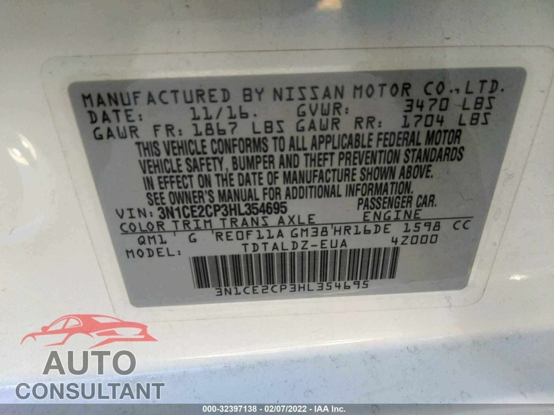 NISSAN VERSA NOTE 2017 - 3N1CE2CP3HL354695
