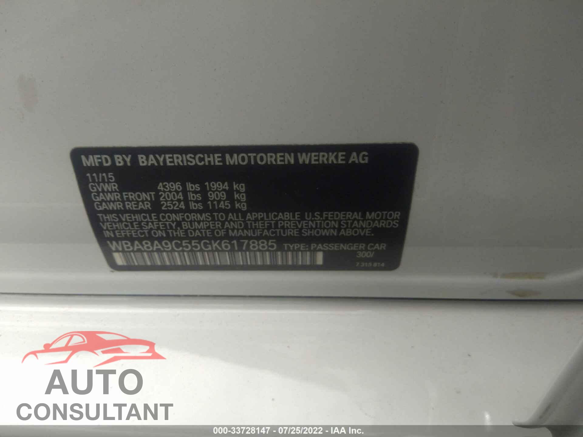 BMW 3 SERIES 2016 - WBA8A9C55GK617885