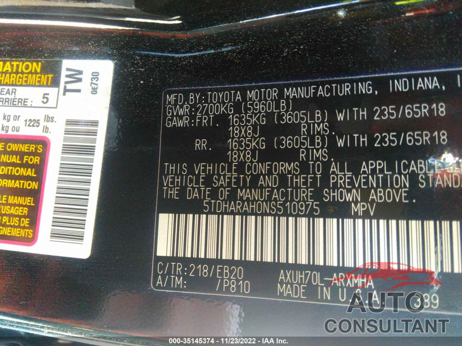 TOYOTA HIGHLANDER 2022 - 5TDHARAH0NS510975