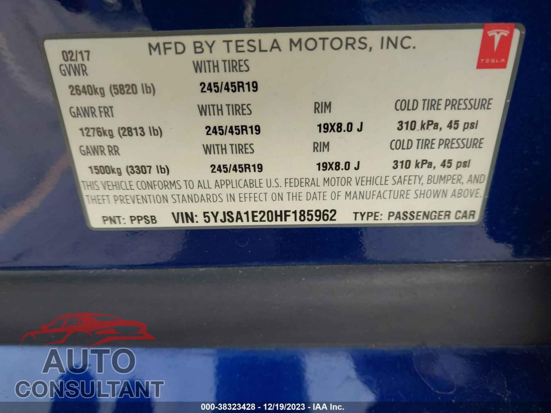 TESLA MODEL S 2017 - 5YJSA1E20HF185962