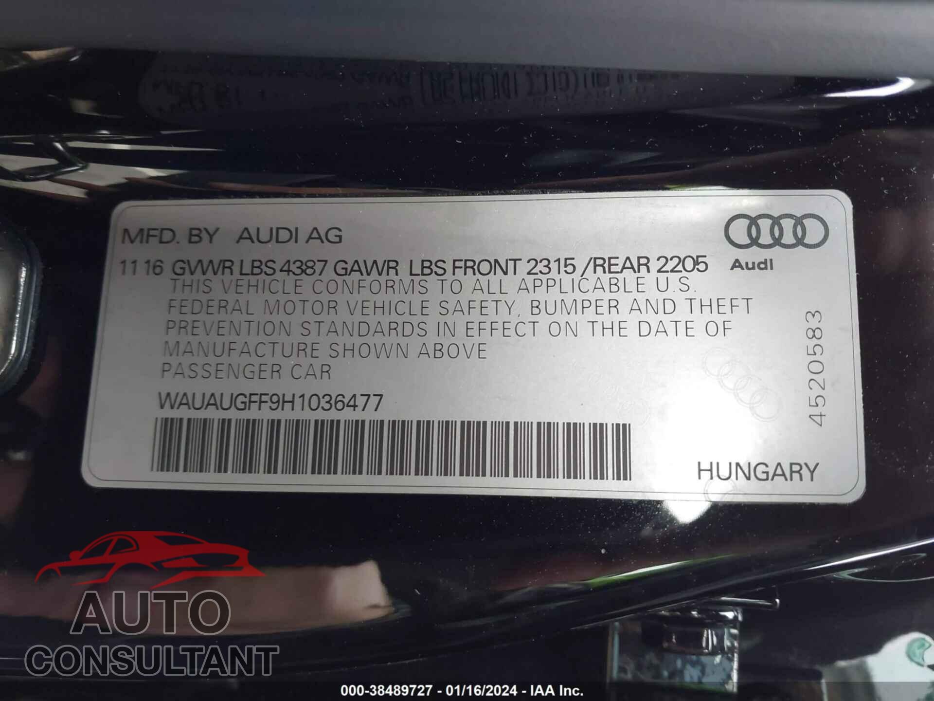 AUDI A3 2017 - WAUAUGFF9H1036477