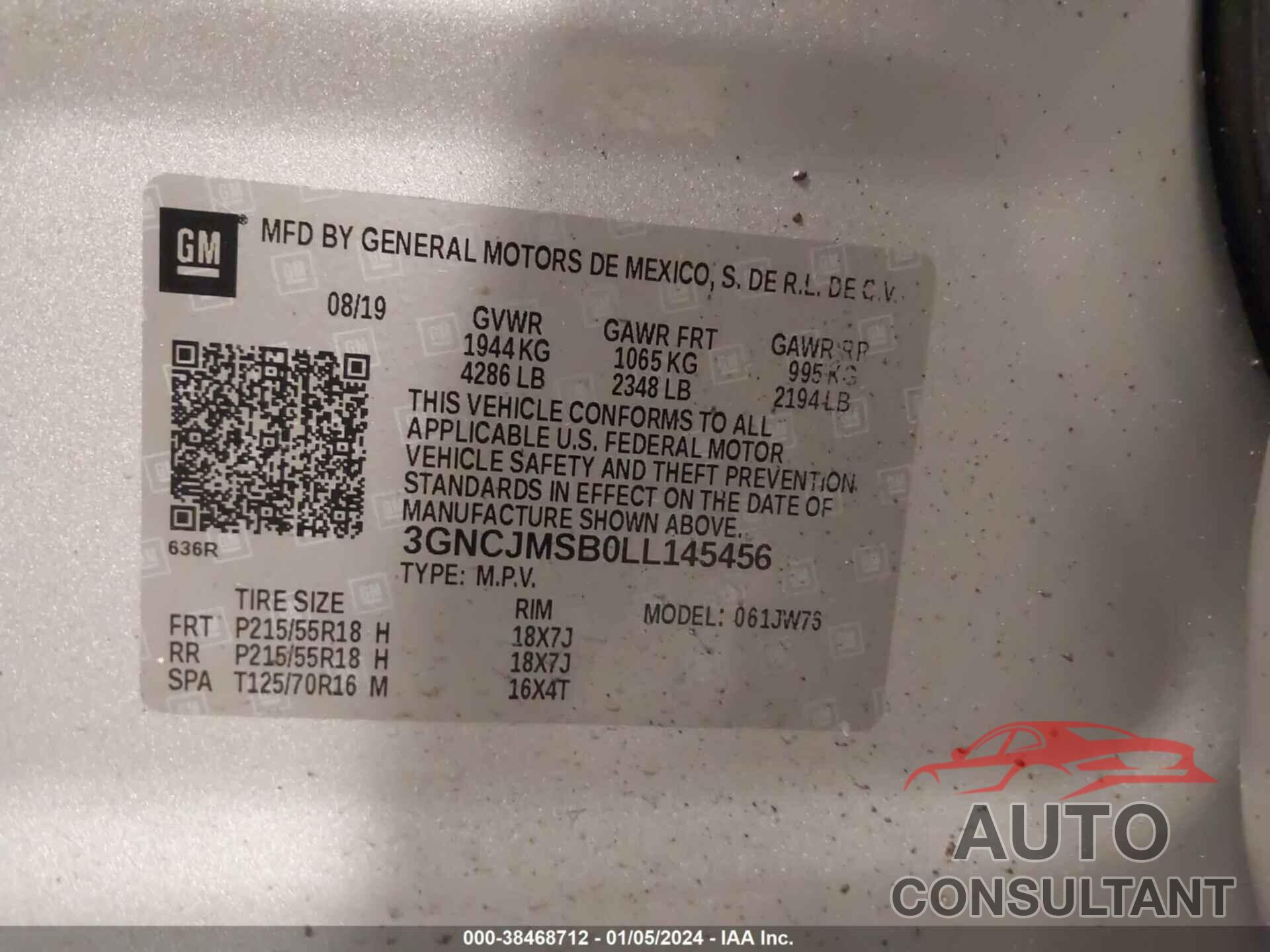 CHEVROLET TRAX 2020 - 3GNCJMSB0LL145456