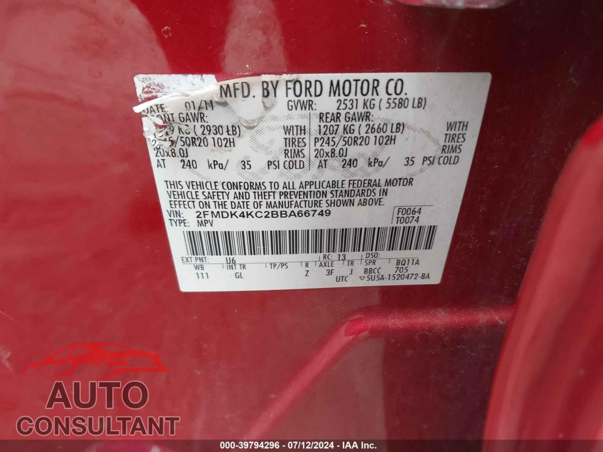 FORD EDGE 2011 - 2FMDK4KC2BBA66749
